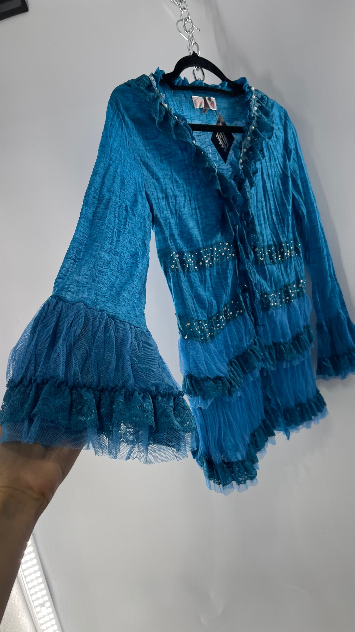 Vintage Pretty Angel Blue Long Sleeve Grommet Tie Bedazzled Blouse with Lace Ruffles and Pearlescent Beading (Large)