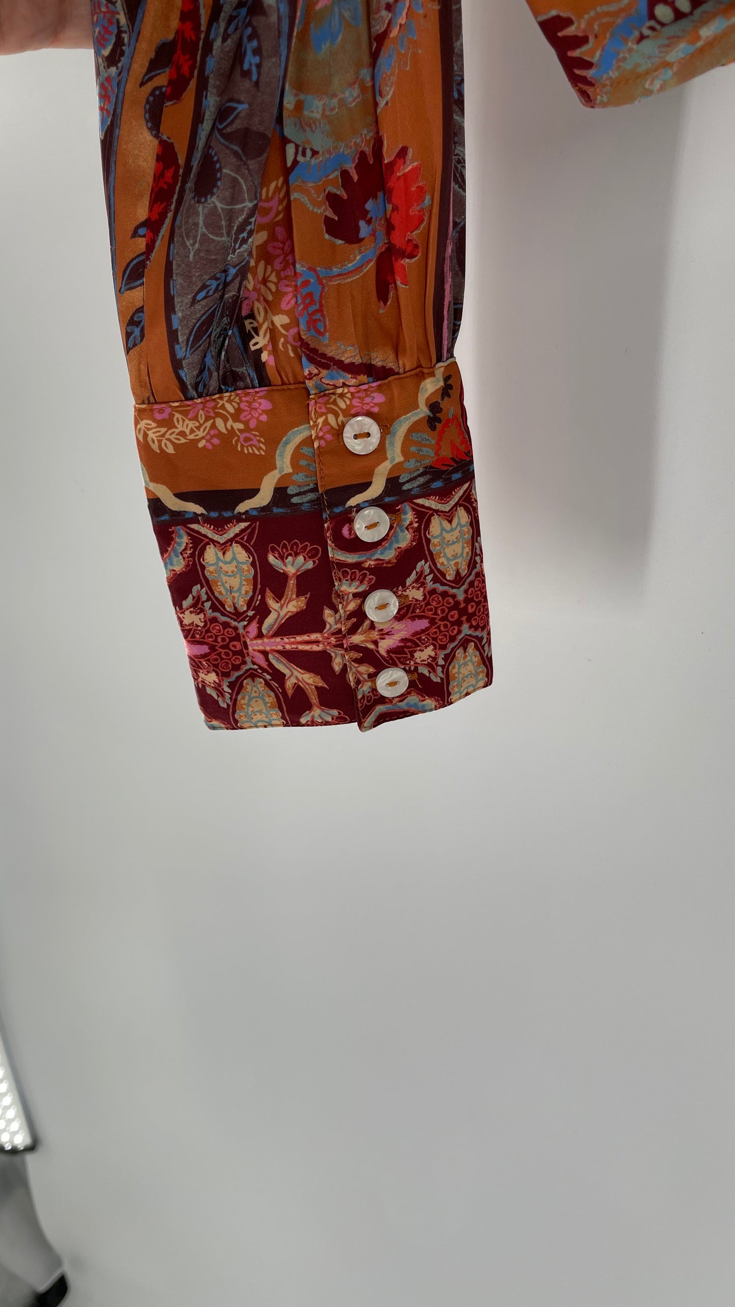 Free People Warm Tones Satin Paisley Drape Front Button Cuff Blouse (Large)