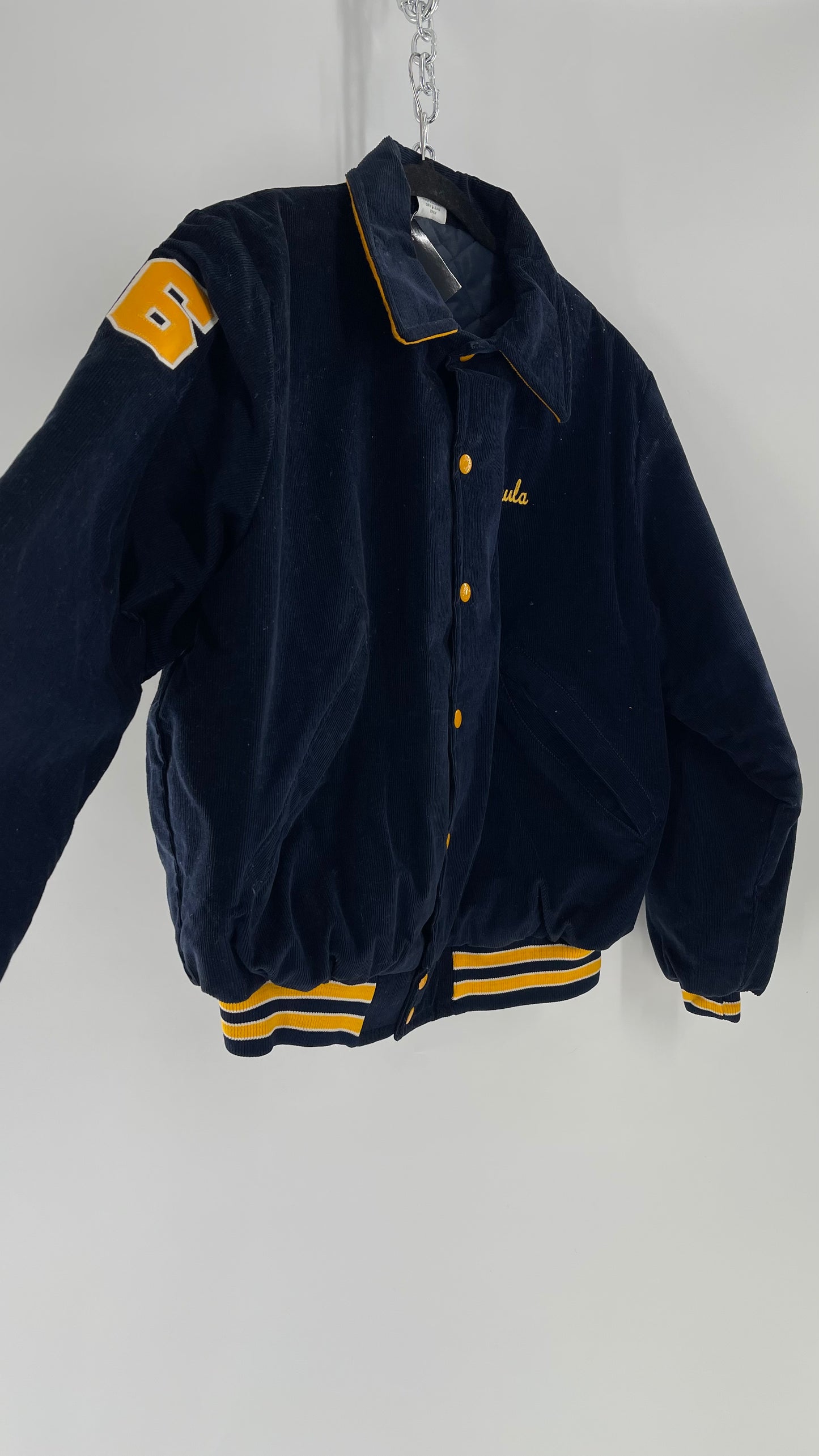 Birdie Vintage Phi Sigma Sigma Navy Blue Corduroy Varsity/Sorority Jacket with Contrast Yellow Patches and Embroidered “Paula” Monogram (Large)