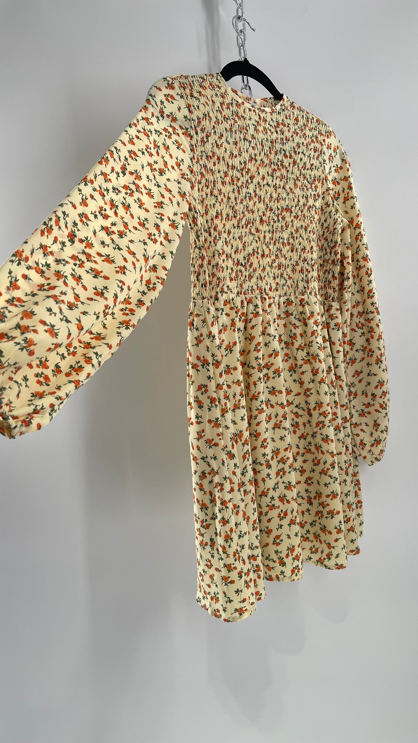 Daisy Street Baby Yellow Orange Floral Balloon Sleeve Mini with Smocked Bodice Tags Attached (Small)