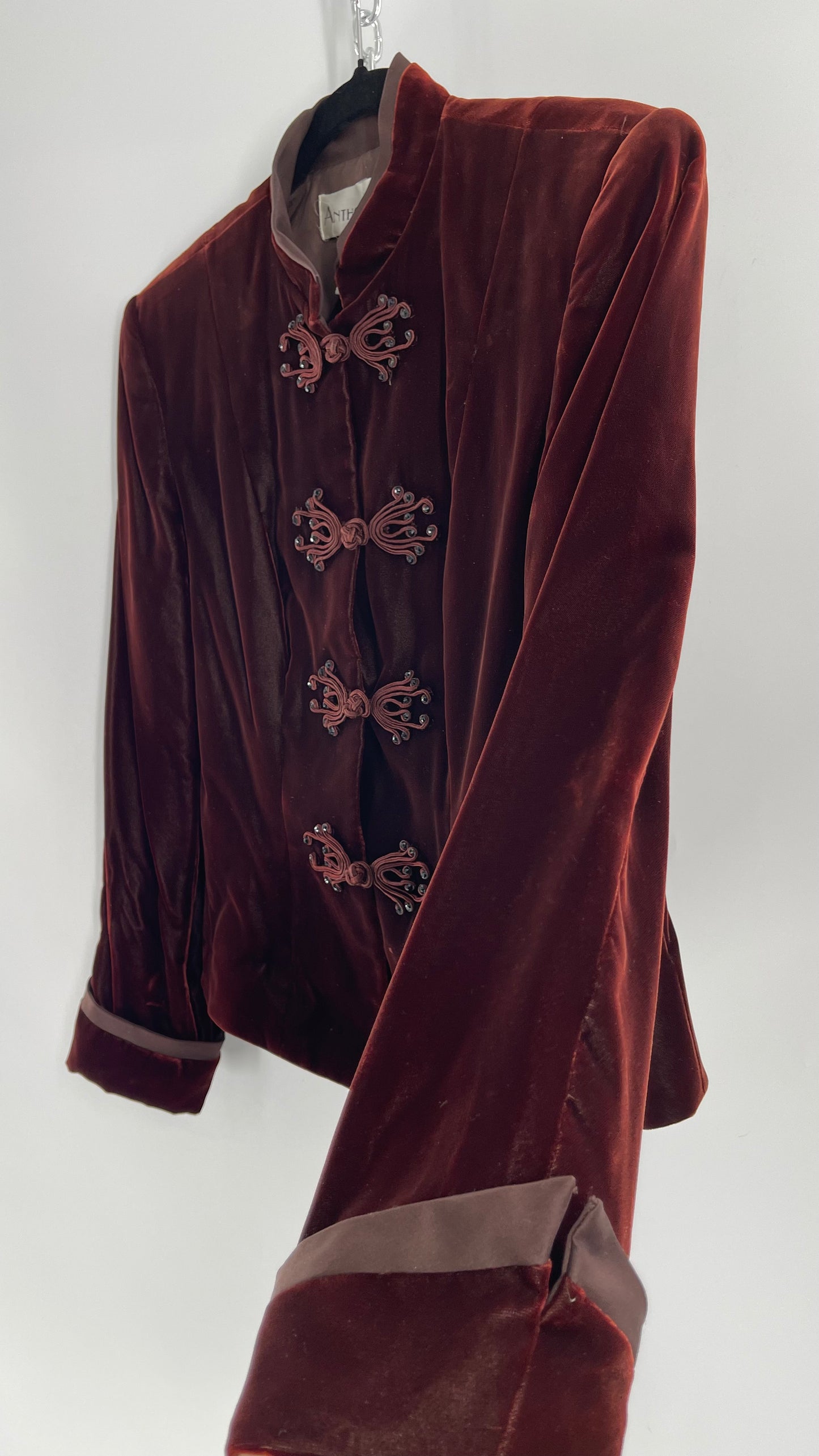 Vintage Anthony Vask Blood Red Burgundy Velvet Coat Jacket with Rope Closure Detailing (C)(10)