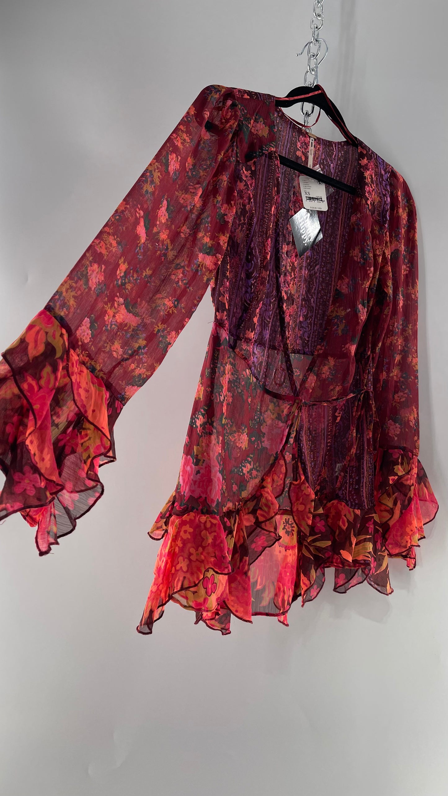 Free People Maroon/Burgundy Red Floral Tie Front Blouse with Ruffled Sleeves and Hem with Tags Attached (XS)