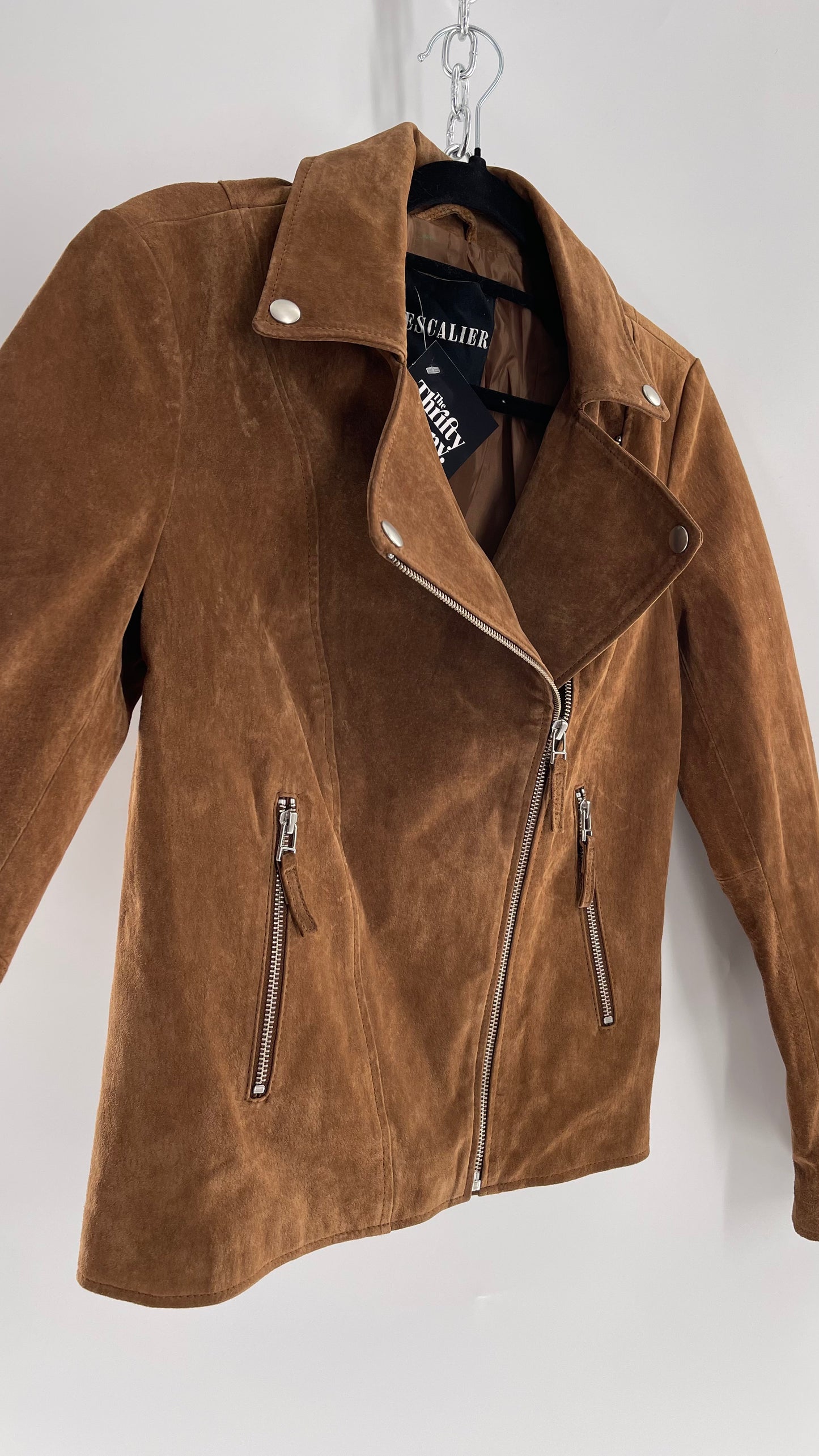 Vintage ESCALIER Brown Genuine Leather Suede Motorcycle Jacket with Heavy Duty Zippers (Medium)