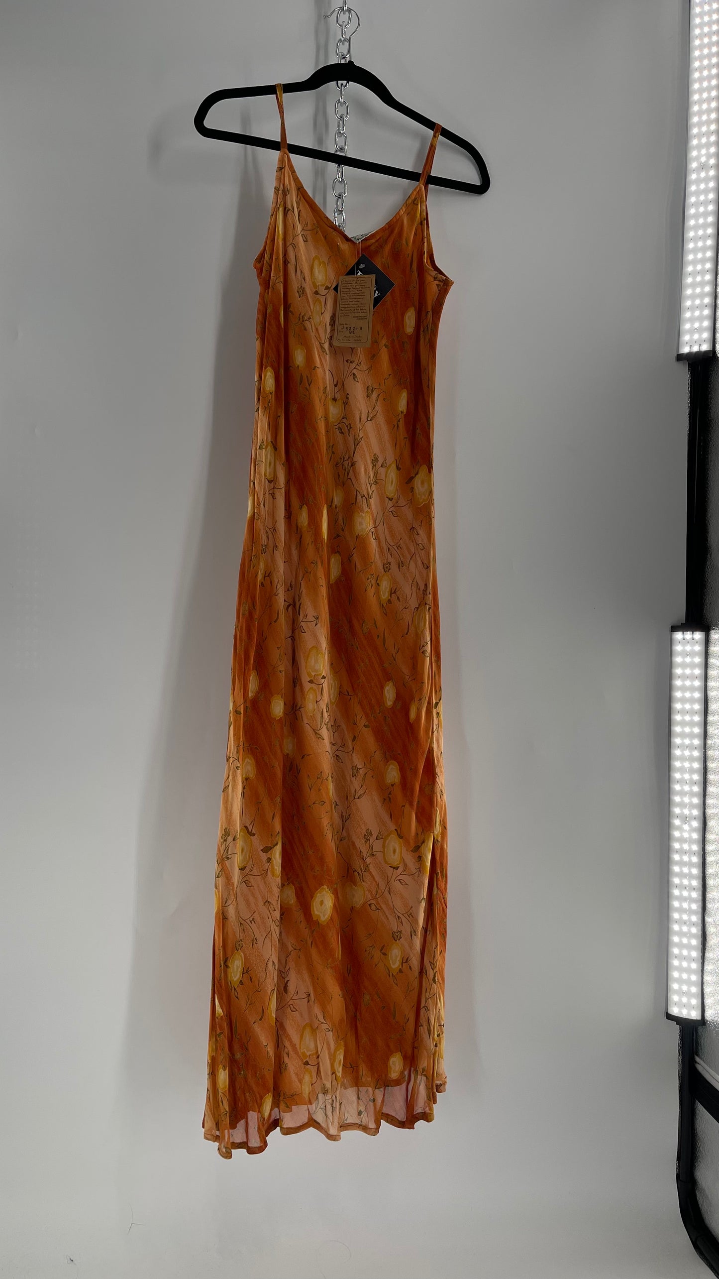 Deadstock Vintage 1990s Sacred Threads Midi Sunset Ombré Dress with Yellow Flowers (M/L)