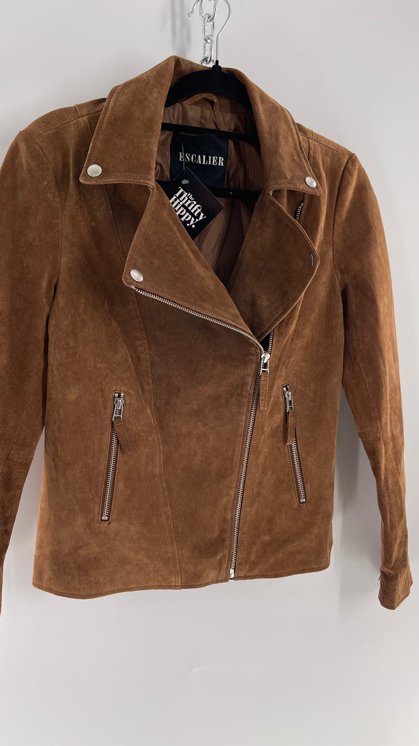 Vintage ESCALIER Brown Genuine Leather Suede Motorcycle Jacket with Heavy Duty Zippers (Medium)
