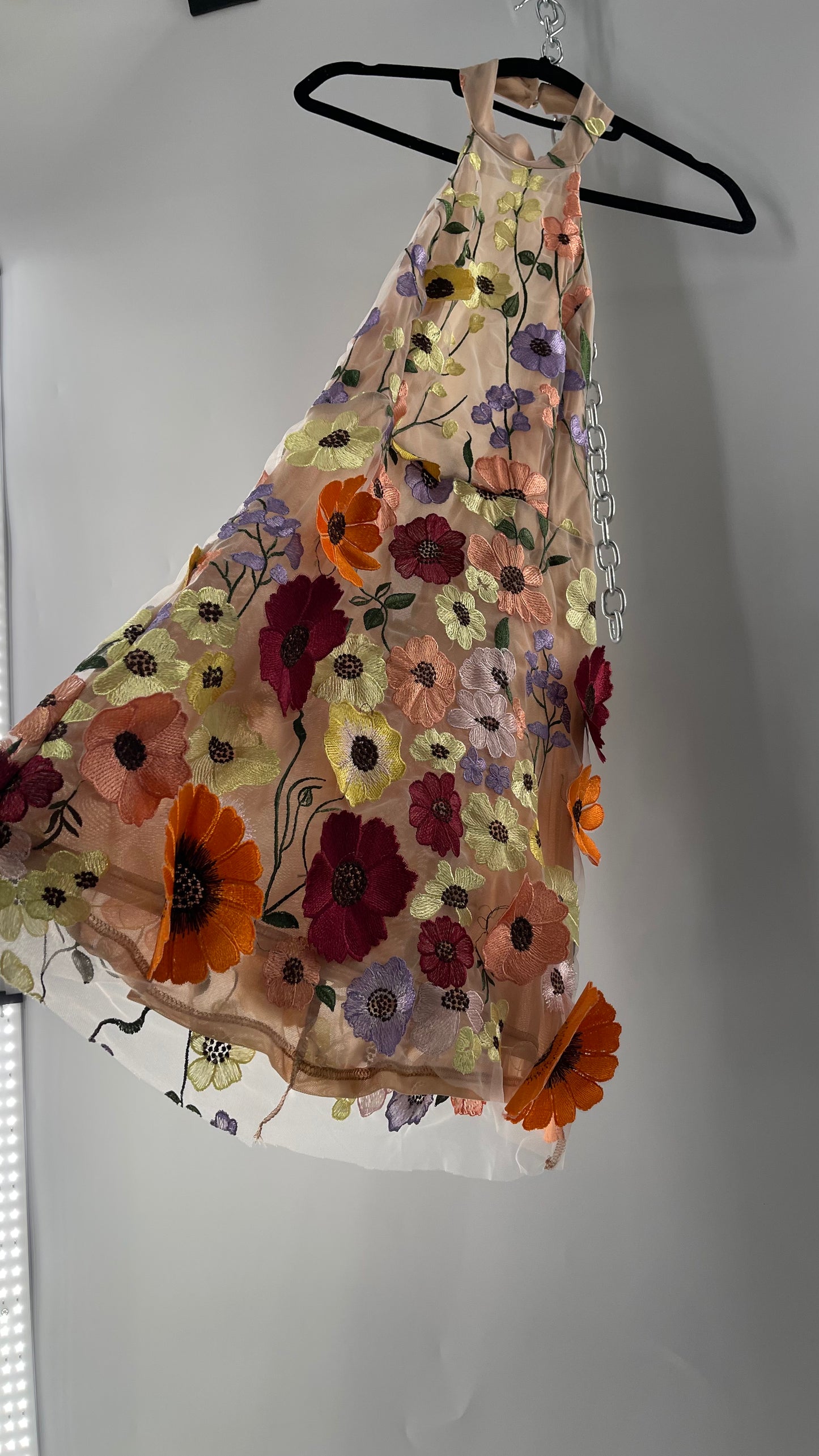 Mesh Backless Mini Dress with Halter Neckline covered in 3D Colorful Embroidered Flower Appliqués (Medium)