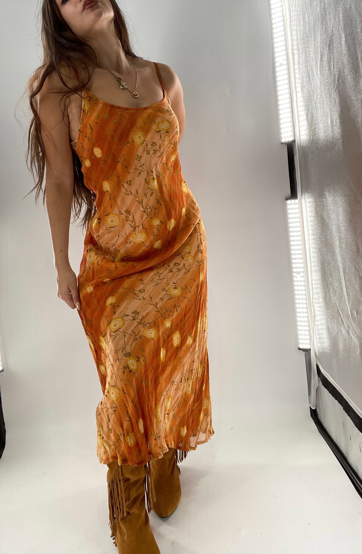 Deadstock Vintage 1990s Sacred Threads Midi Sunset Ombré Dress with Yellow Flowers (M/L)