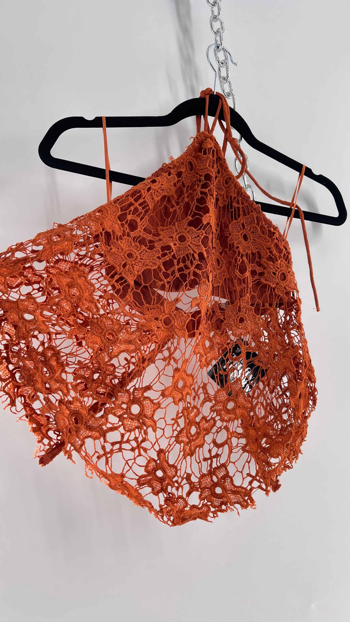 Free People Burnt Orange Lace Halter with Pointed Handkerchief Hem (XS)