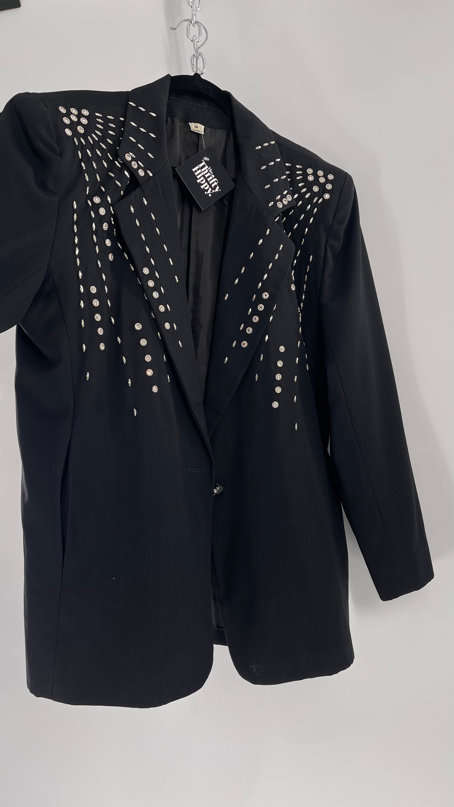 Vintage Black Blazer with Silver Metal Studs and Rhinestone Embellishments (C)(Medium)