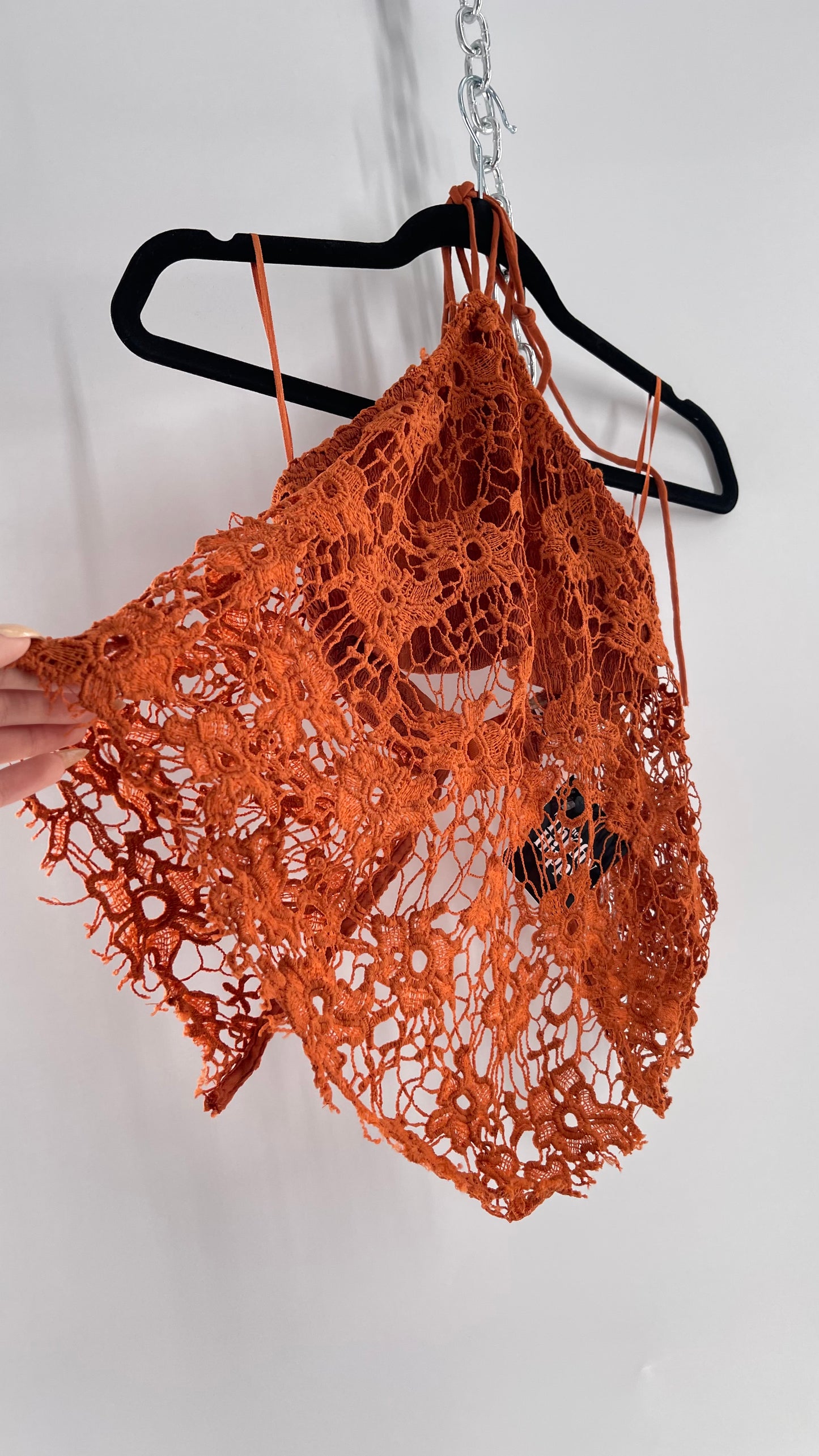 Free People Burnt Orange Lace Halter with Pointed Handkerchief Hem (XS)