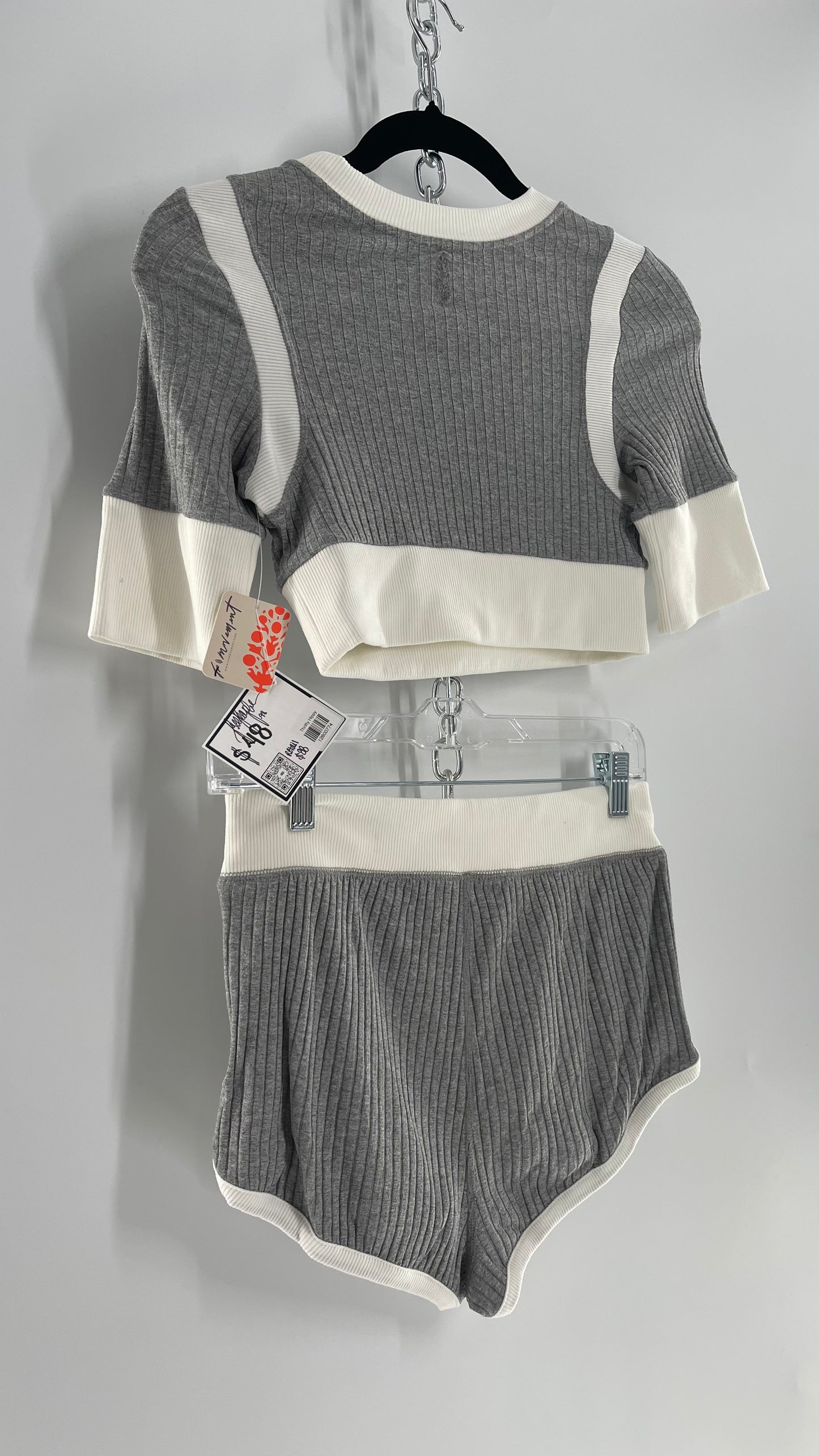 Free People Grey Knit Jersey Loungewear Set with Cropped Short Sleeve and Shorts (XS)