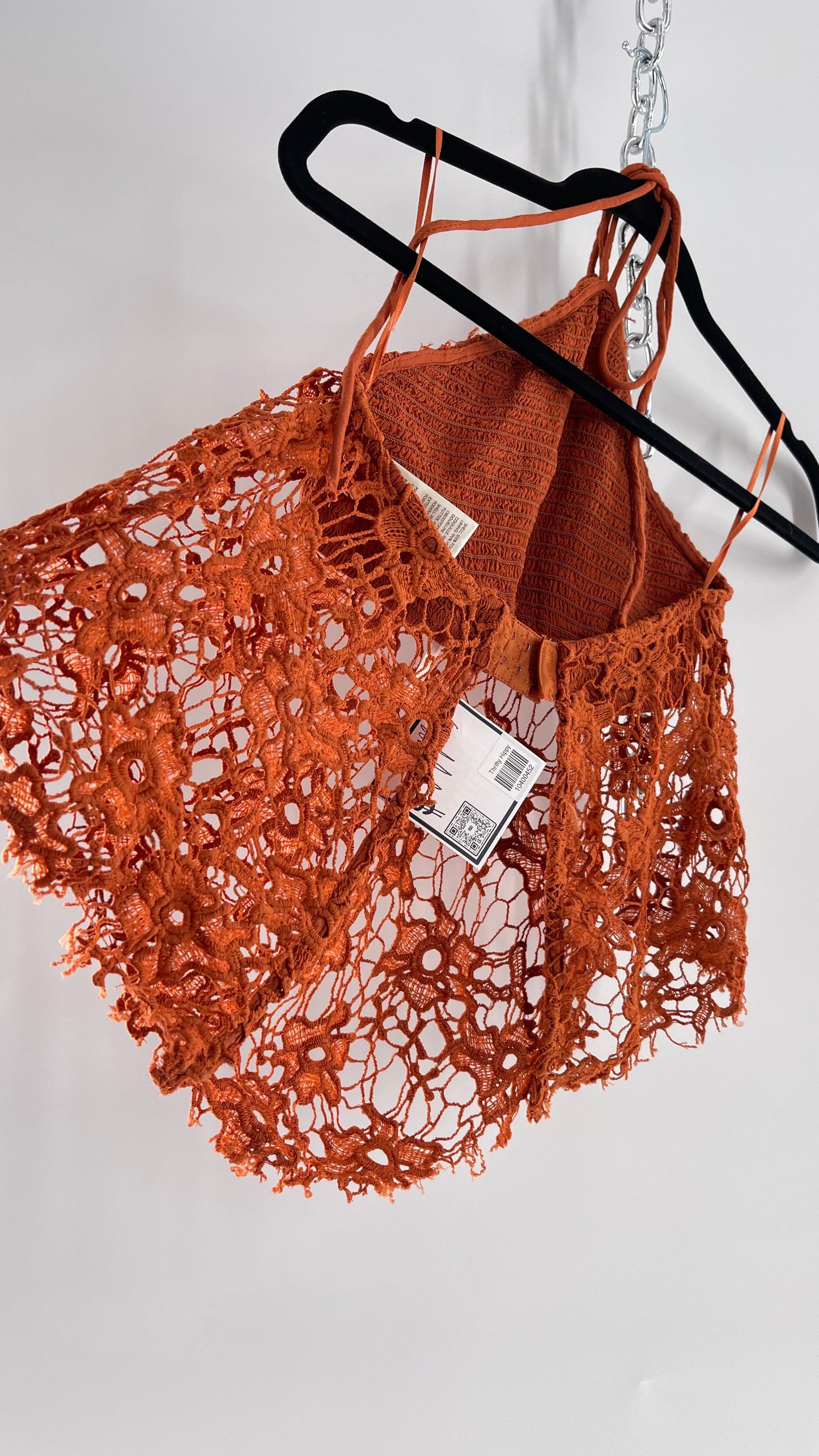 Free People Burnt Orange Lace Halter with Pointed Handkerchief Hem (XS)