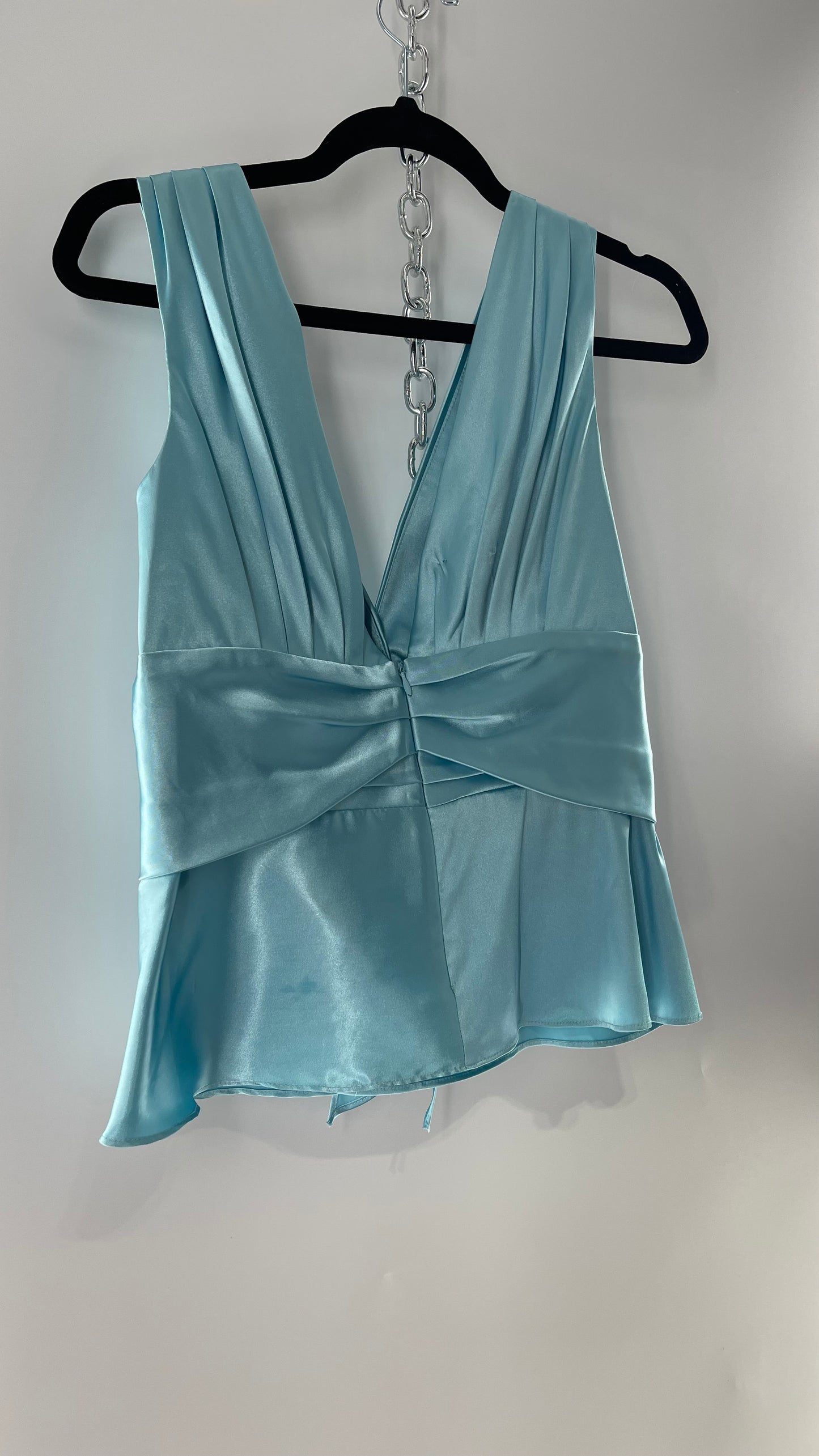Vintage Jessica McClintock Baby Blue Satin Pleated Sleeve Tank with Draping and Rosette (8)