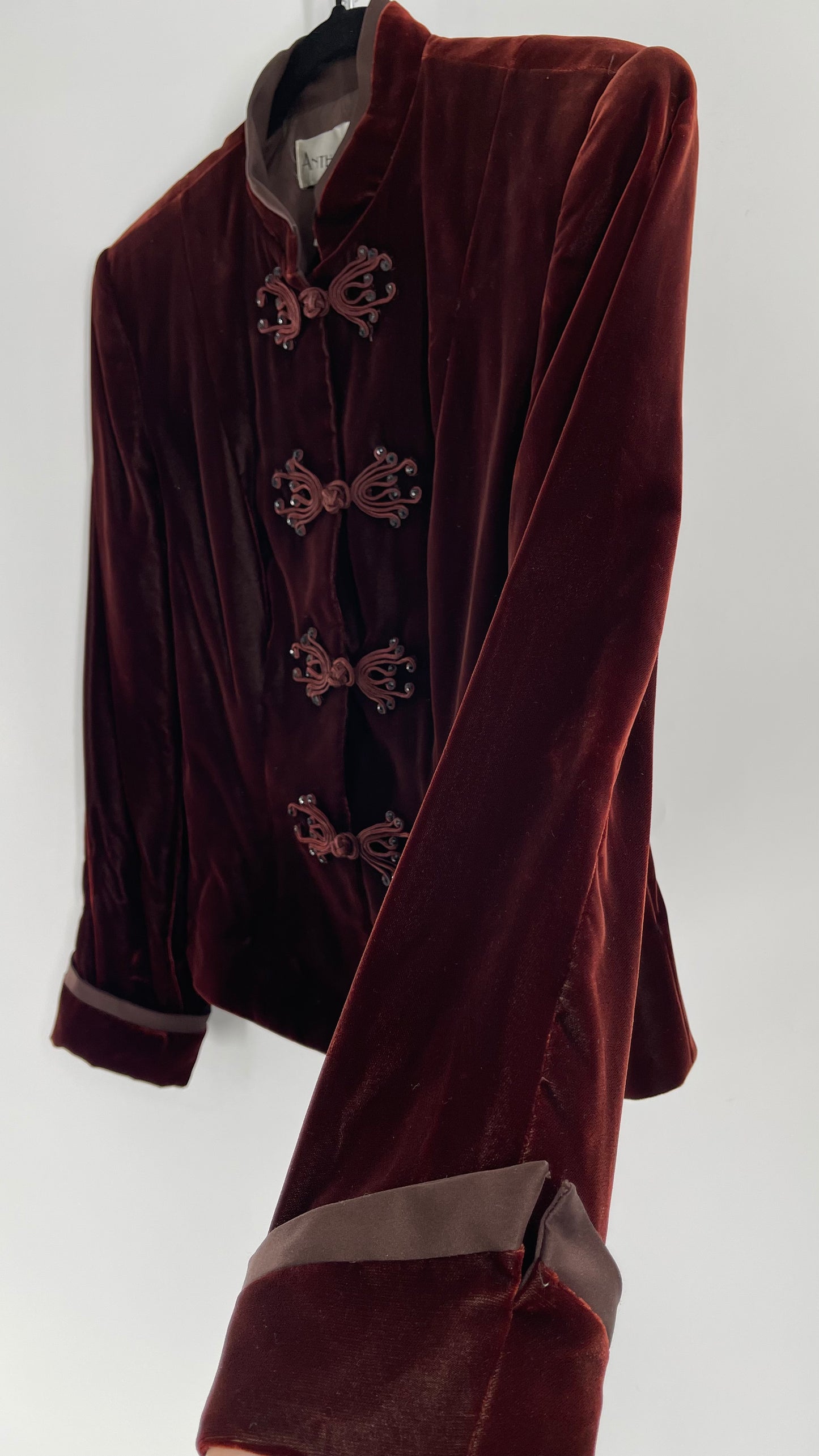 Vintage Anthony Vask Blood Red Burgundy Velvet Coat Jacket with Rope Closure Detailing (C)(10)