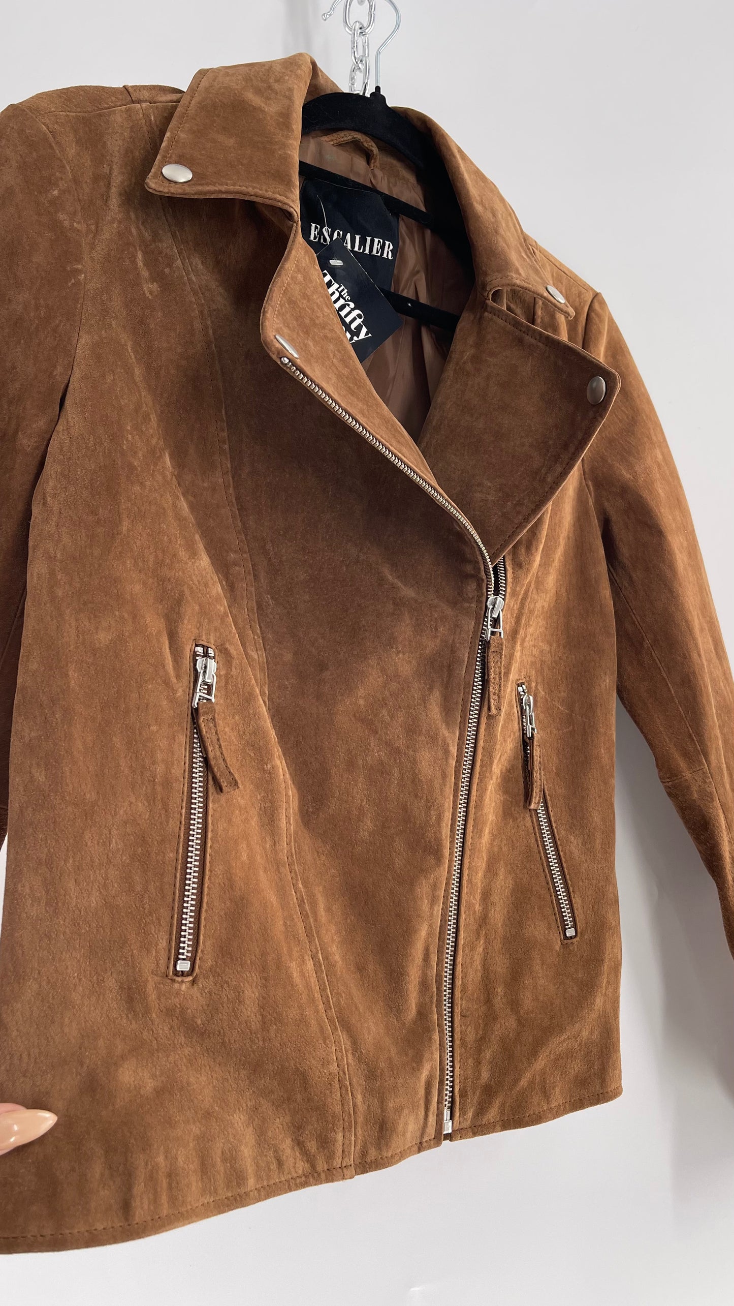 Vintage ESCALIER Brown Genuine Leather Suede Motorcycle Jacket with Heavy Duty Zippers (Medium)