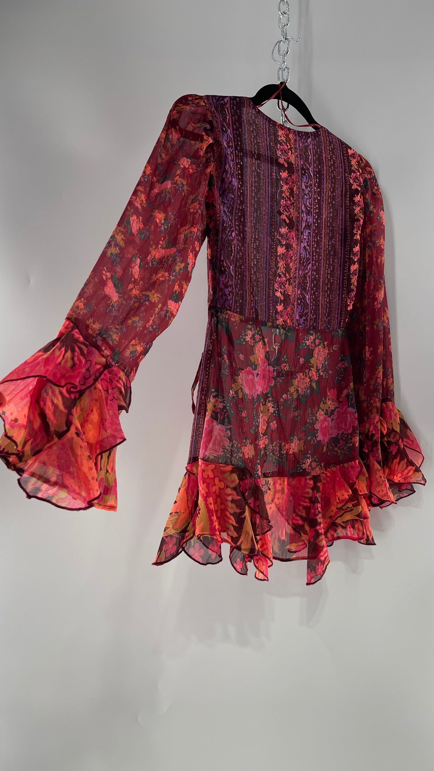 Free People Maroon/Burgundy Red Floral Tie Front Blouse with Ruffled Sleeves and Hem with Tags Attached (XS)