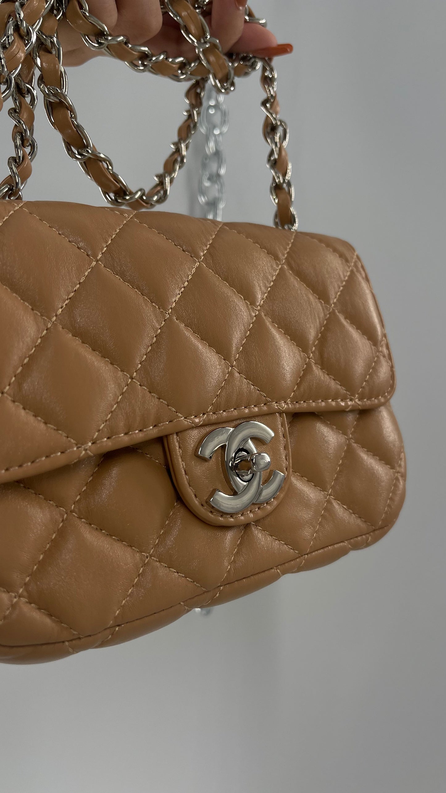 Tan Metallic Quilted Inauthentic Chanel Bag with Silver Chain Strap