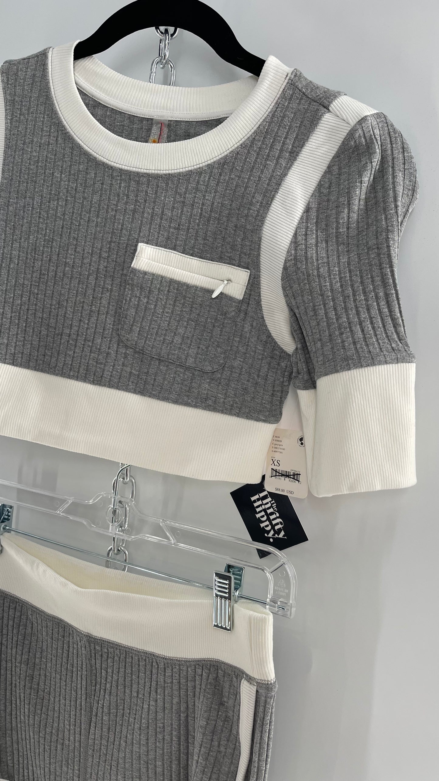 Free People Grey Knit Jersey Loungewear Set with Cropped Short Sleeve and Shorts (XS)