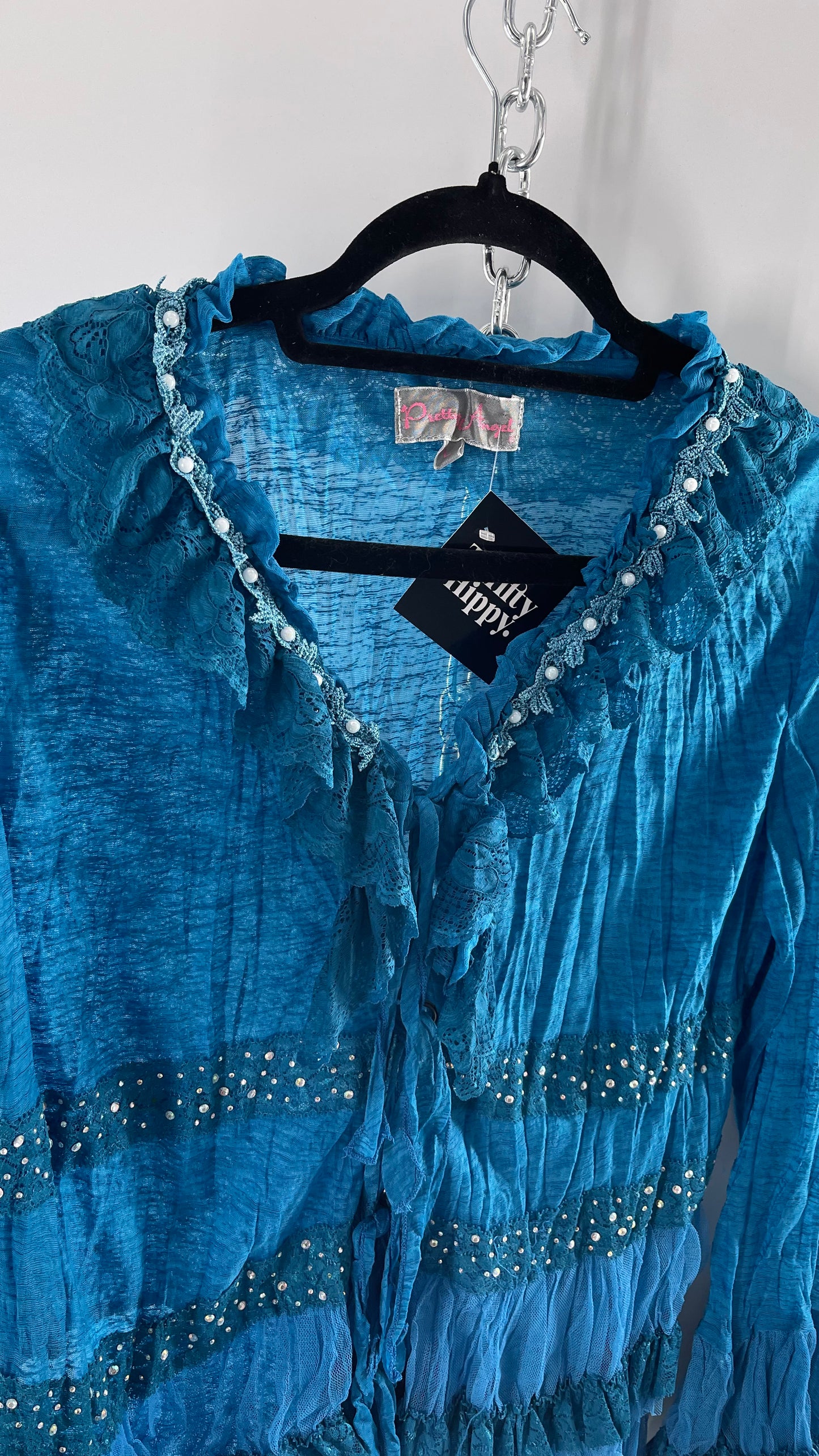 Vintage Pretty Angel Blue Long Sleeve Grommet Tie Bedazzled Blouse with Lace Ruffles and Pearlescent Beading (Large)