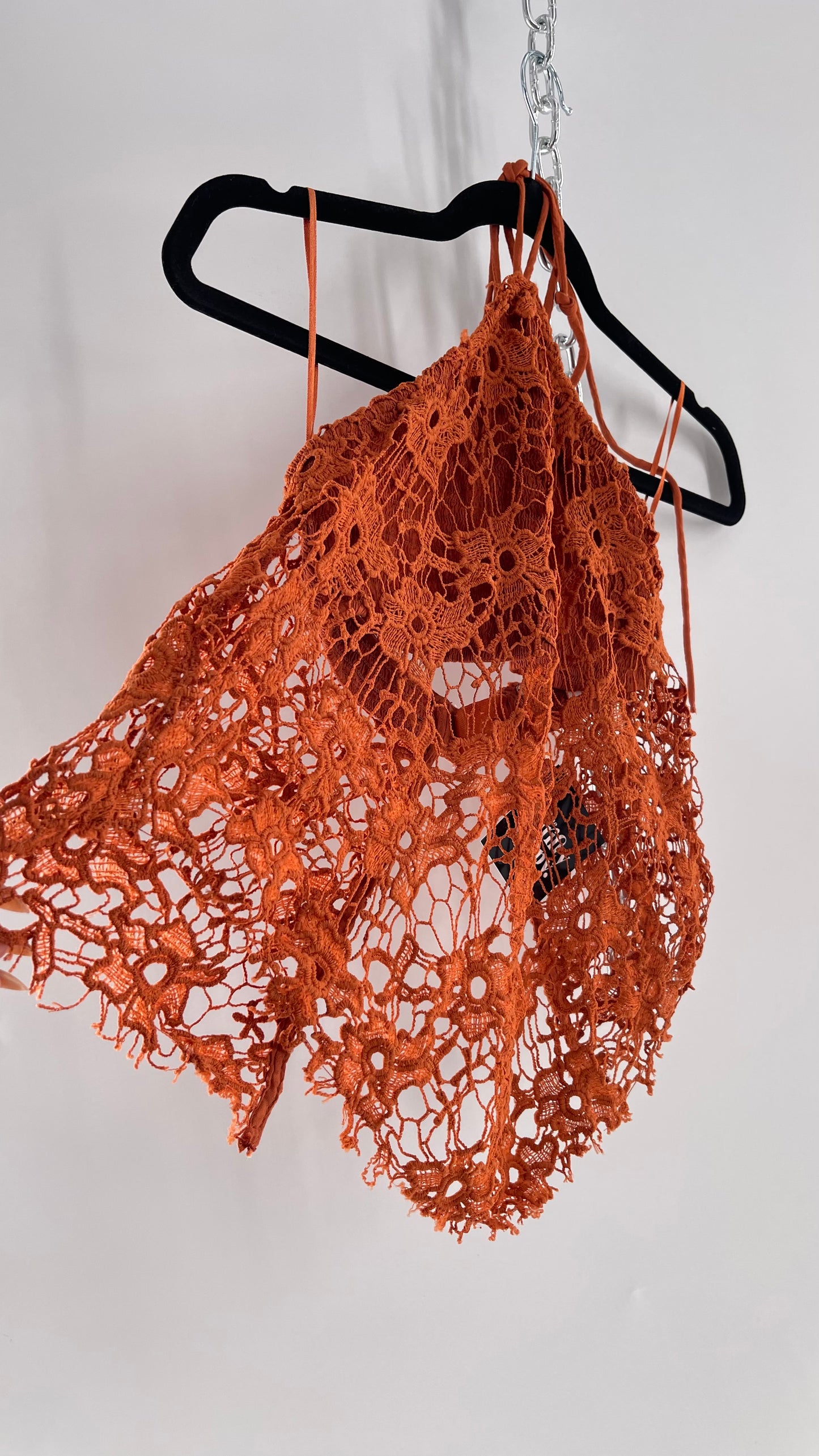 Free People Burnt Orange Lace Halter with Pointed Handkerchief Hem (XS)