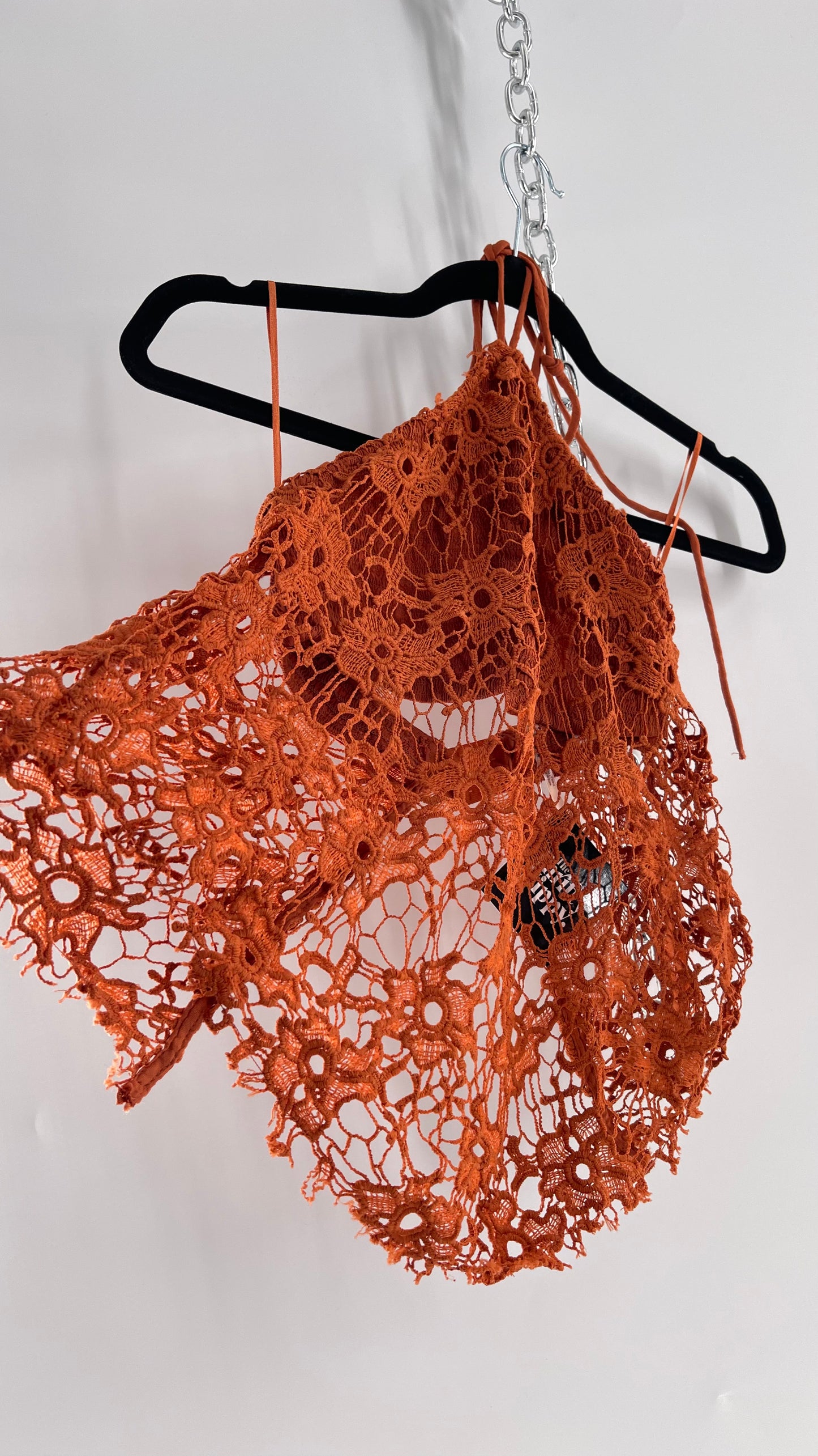 Free People Burnt Orange Lace Halter with Pointed Handkerchief Hem (XS)