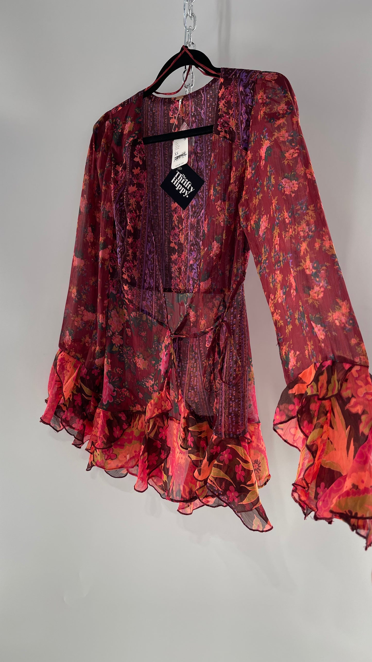 Free People Maroon/Burgundy Red Floral Tie Front Blouse with Ruffled Sleeves and Hem with Tags Attached (XS)