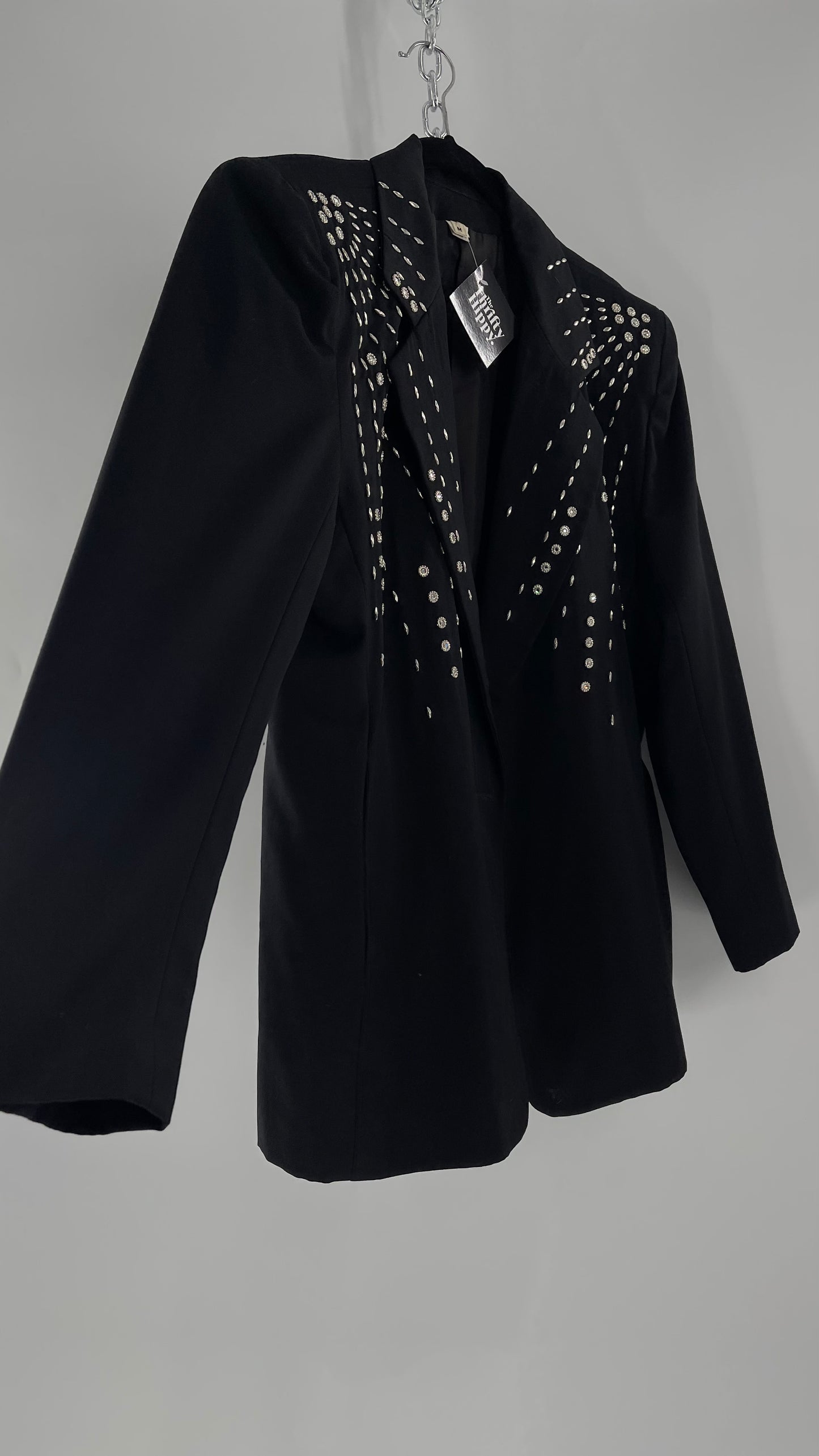Vintage Black Blazer with Silver Metal Studs and Rhinestone Embellishments (C)(Medium)