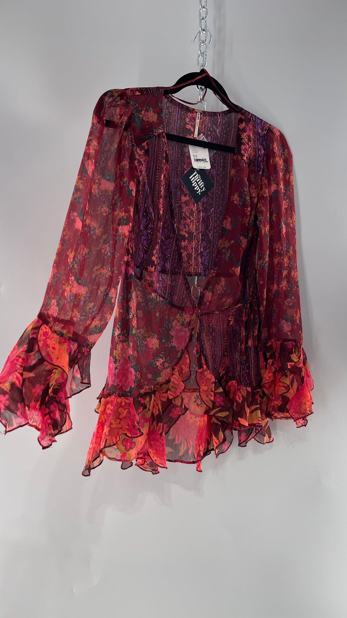 Free People Maroon/Burgundy Red Floral Tie Front Blouse with Ruffled Sleeves and Hem with Tags Attached (XS)