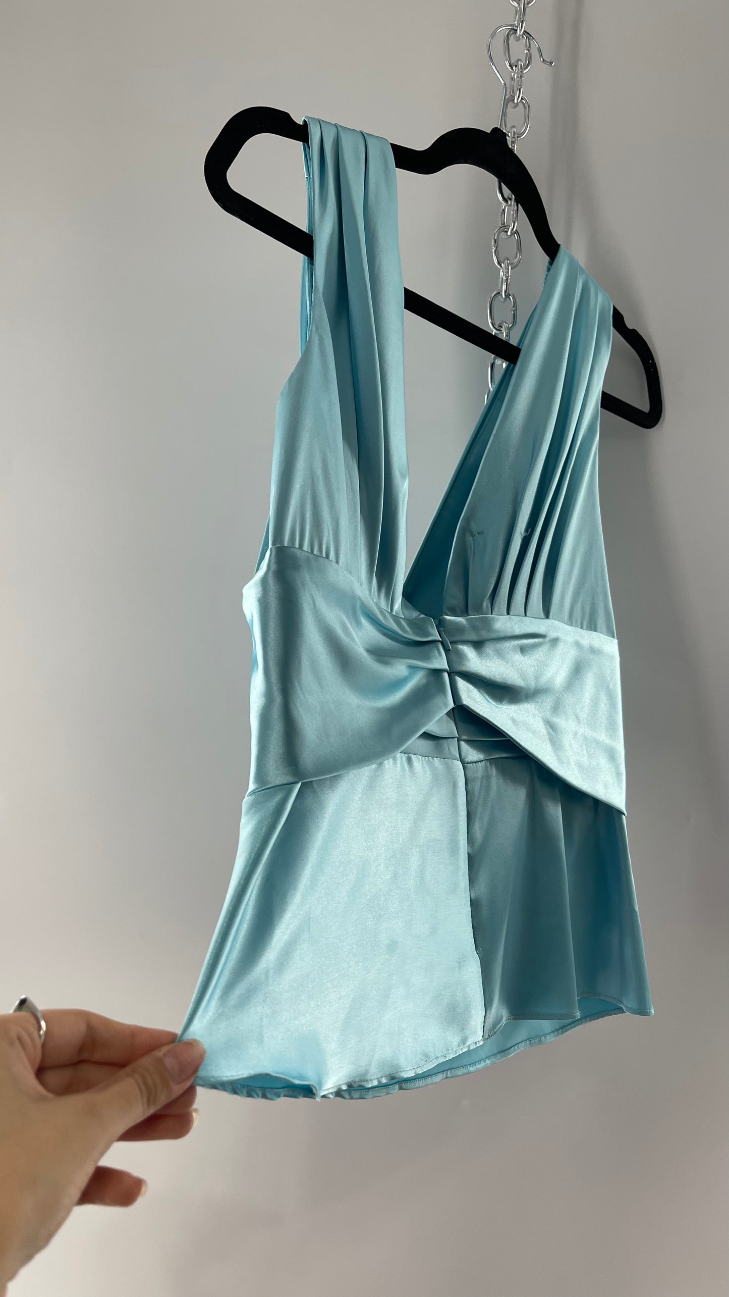 Vintage Jessica McClintock Baby Blue Satin Pleated Sleeve Tank with Draping and Rosette (8)