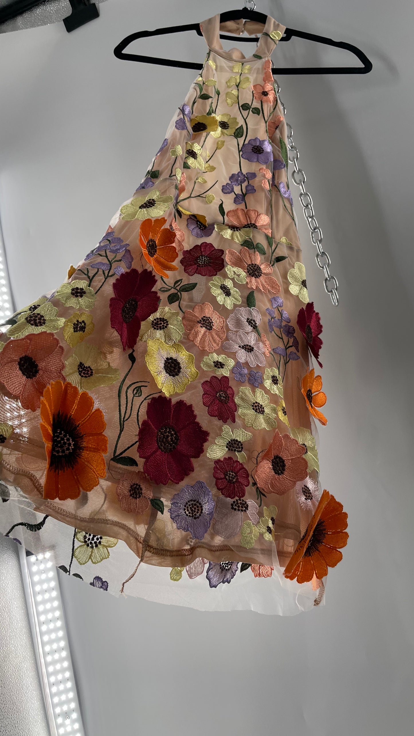 Mesh Backless Mini Dress with Halter Neckline covered in 3D Colorful Embroidered Flower Appliqués (Medium)