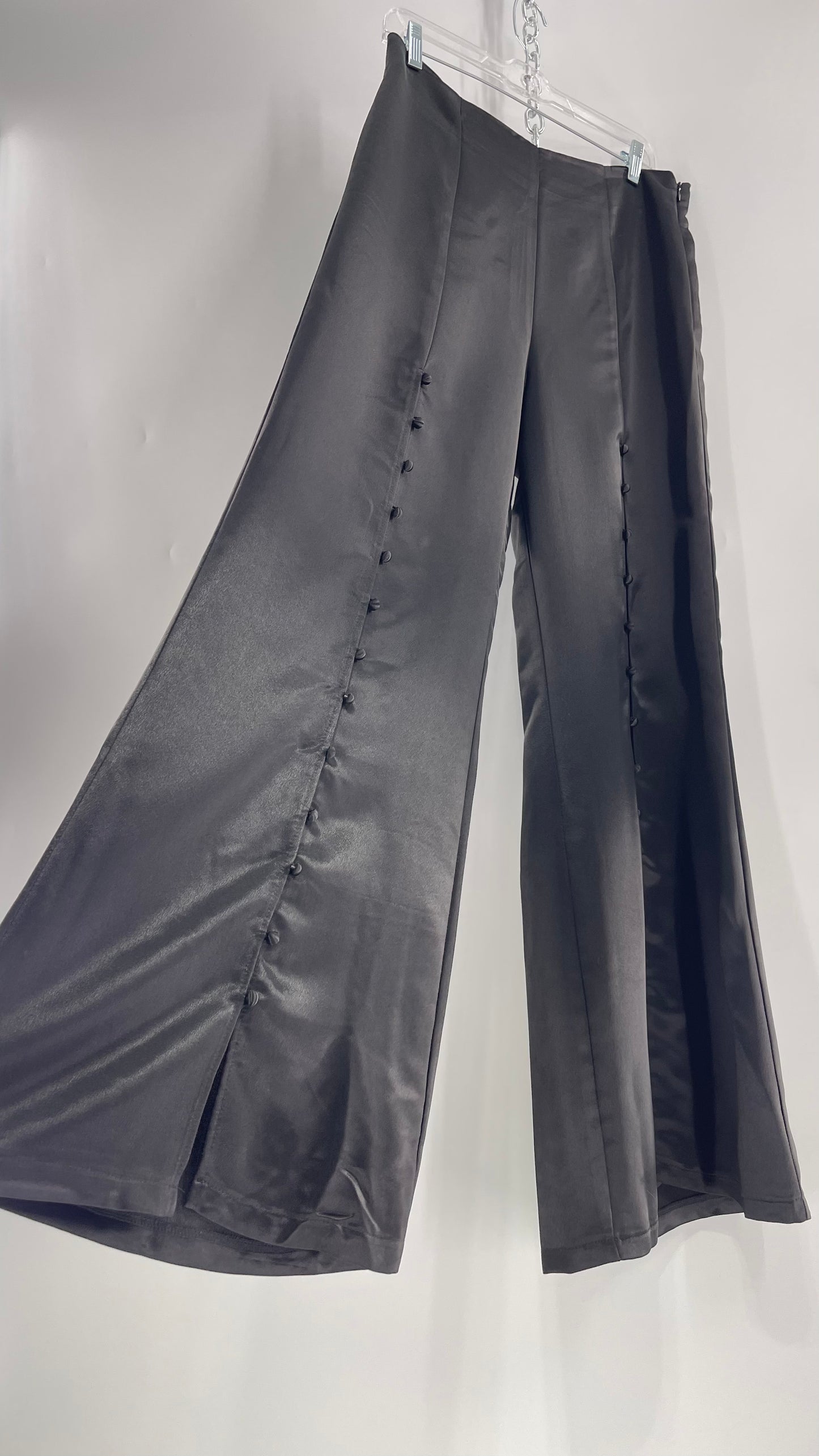 WHY Sultry Steps Black Satin Wide Leg Trouser with Vertical Strip of Satin Buttons (Medium)