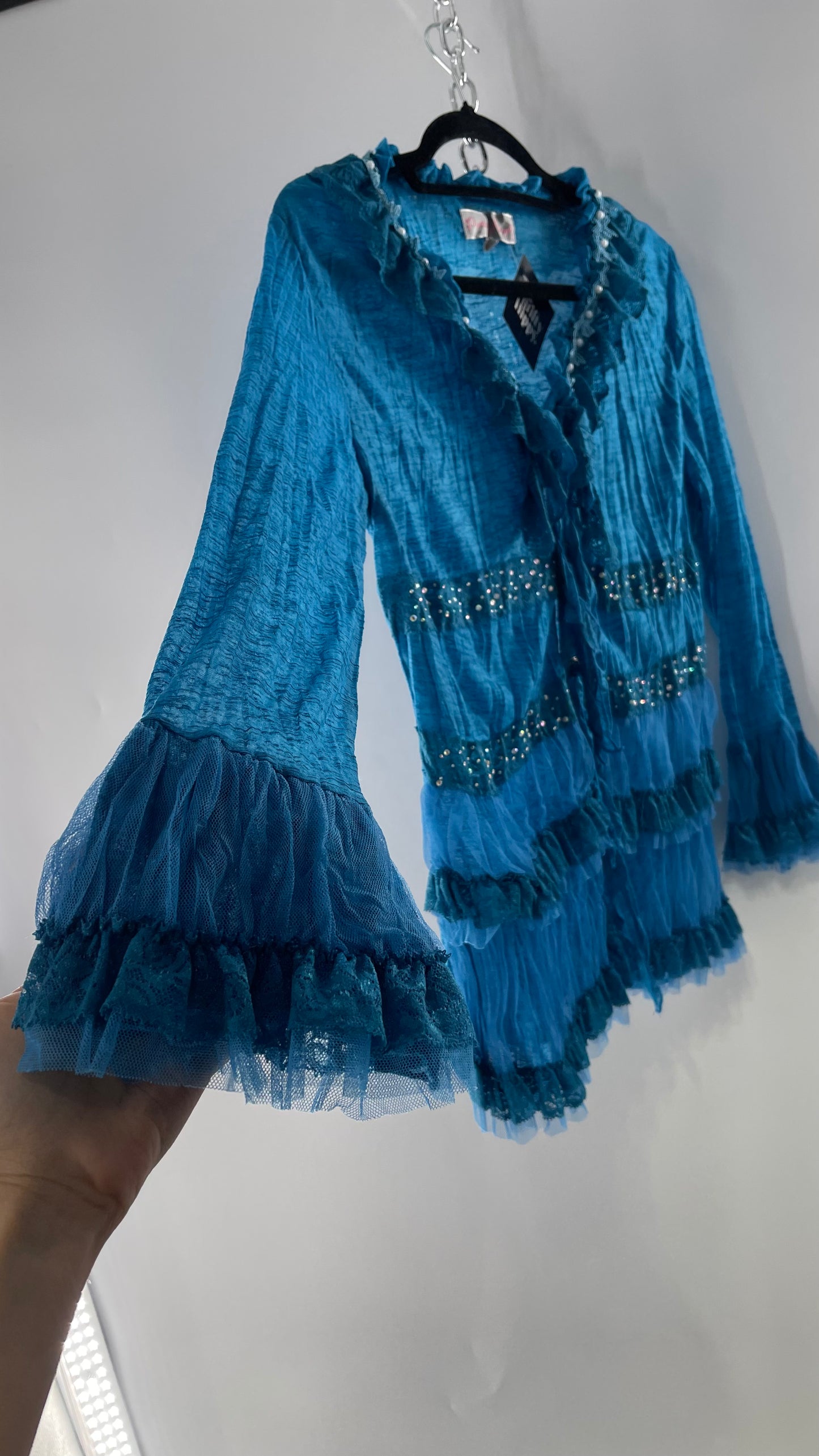 Vintage Pretty Angel Blue Long Sleeve Grommet Tie Bedazzled Blouse with Lace Ruffles and Pearlescent Beading (Large)