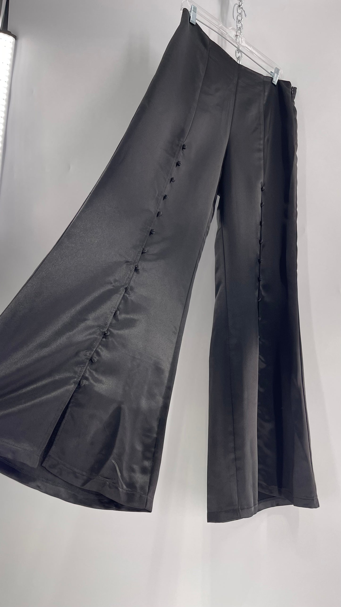 WHY Sultry Steps Black Satin Wide Leg Trouser with Vertical Strip of Satin Buttons (Medium)