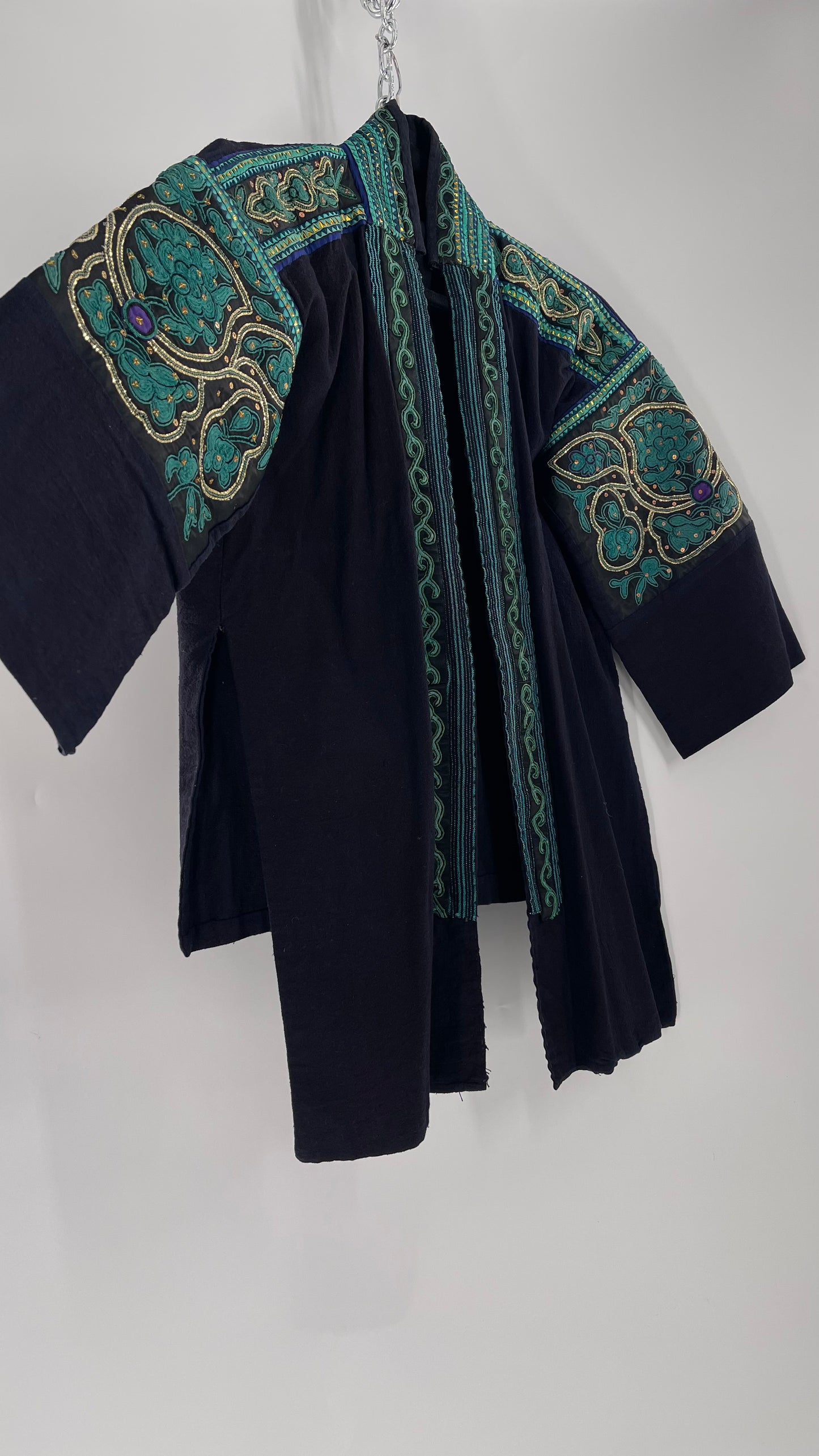 Chinese Vintage Unisex Forbidden Stitch Giuzhou Embroidered Teal Jacket (One Size)