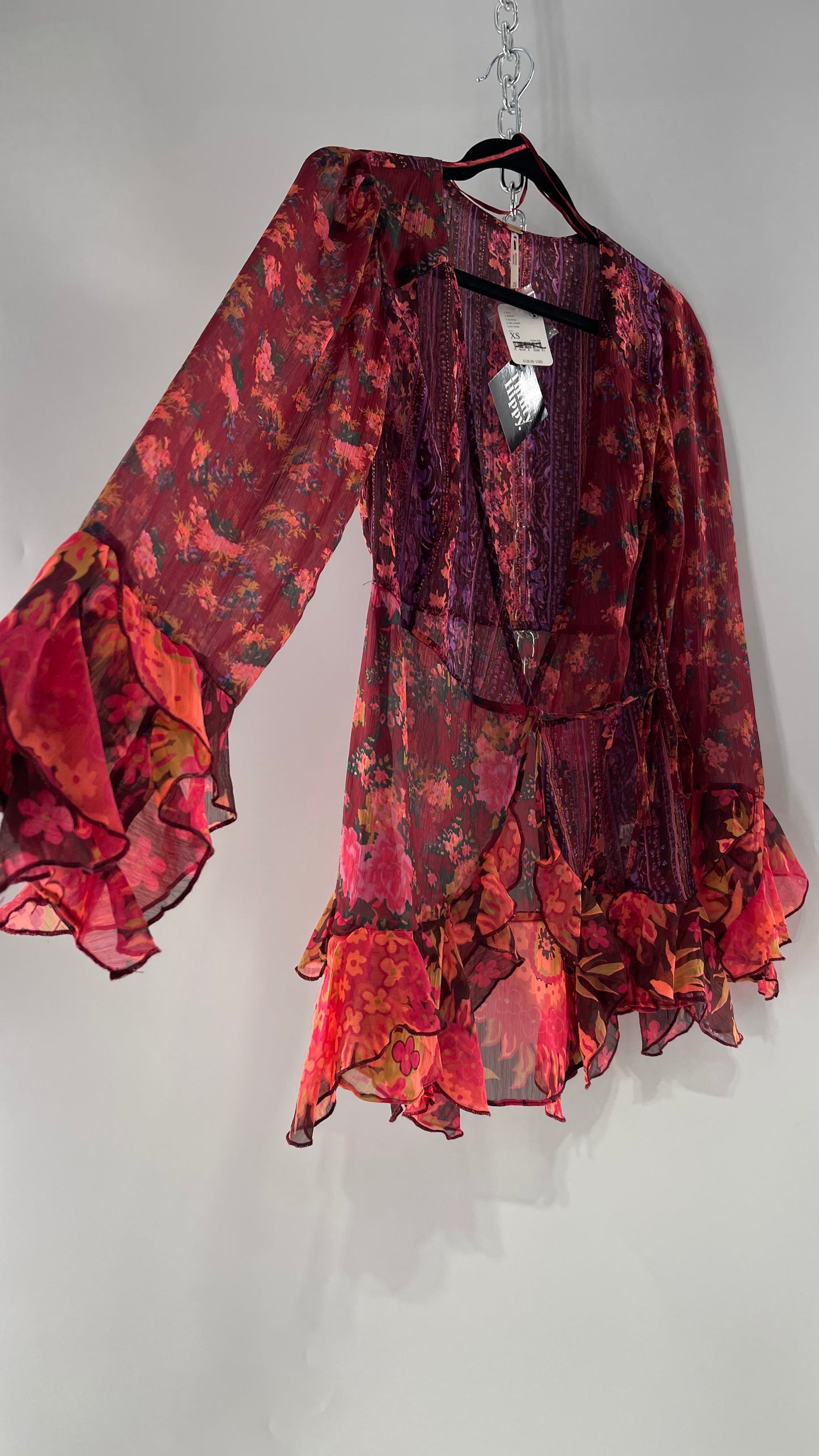 Free People Maroon/Burgundy Red Floral Tie Front Blouse with Ruffled Sleeves and Hem with Tags Attached (XS)