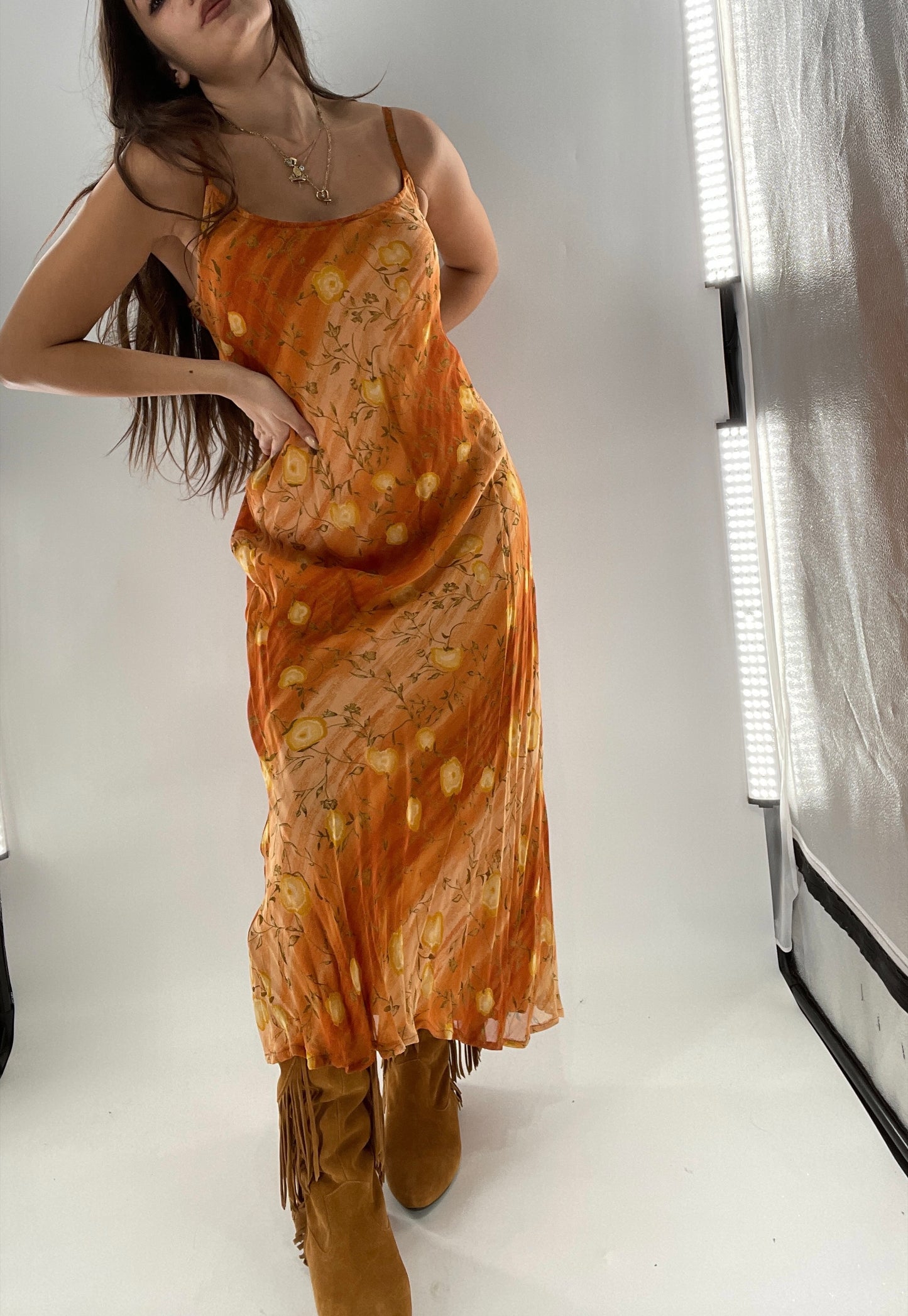 Deadstock Vintage 1990s Sacred Threads Midi Sunset Ombré Dress with Yellow Flowers (M/L)