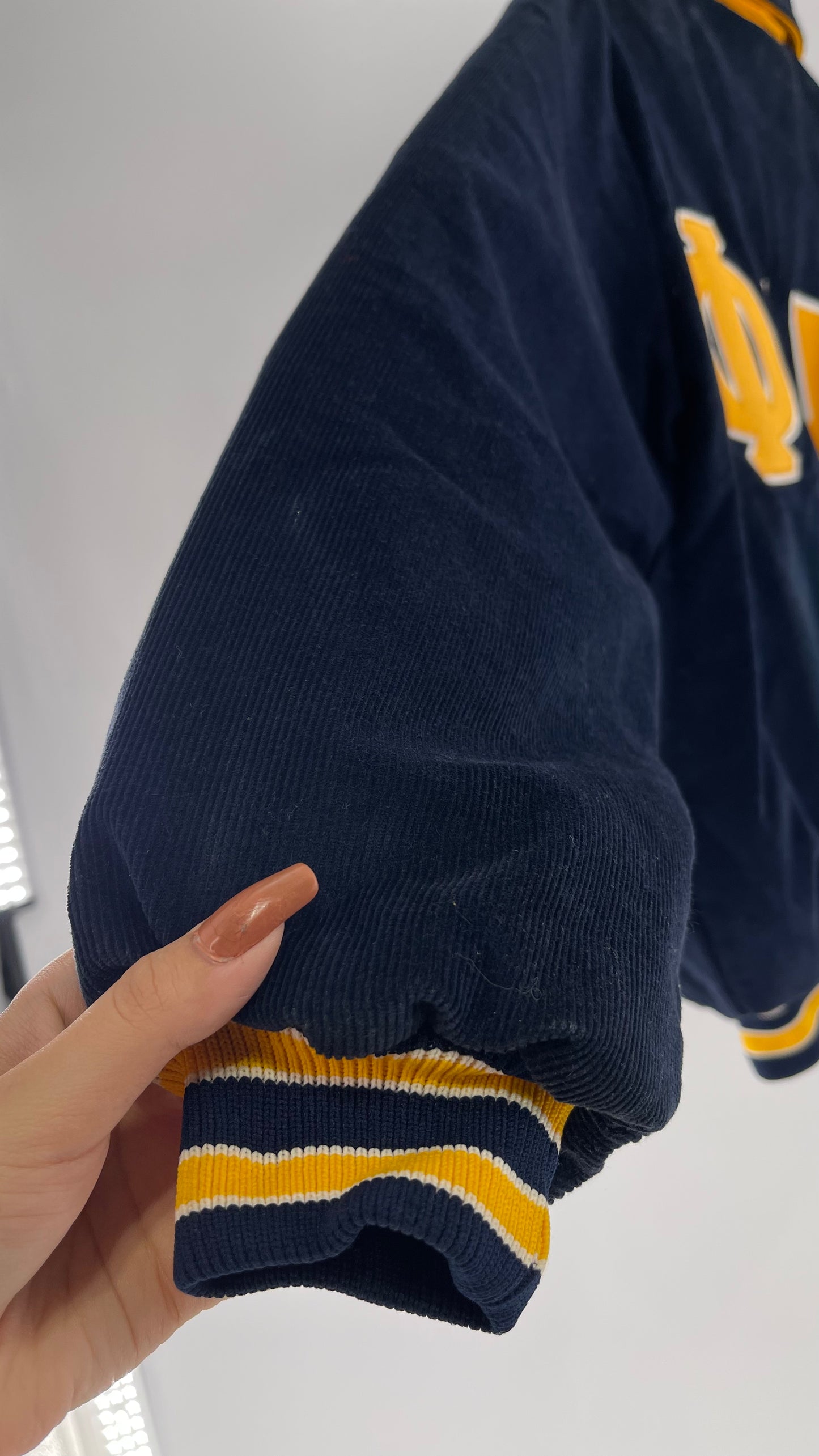 Birdie Vintage Phi Sigma Sigma Navy Blue Corduroy Varsity/Sorority Jacket with Contrast Yellow Patches and Embroidered “Paula” Monogram (Large)