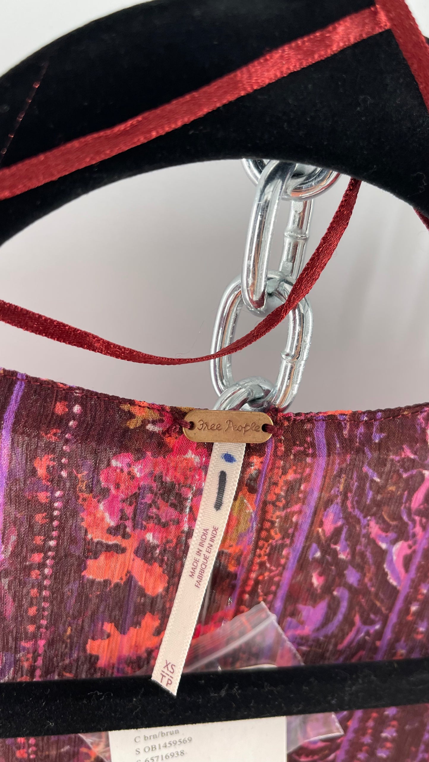 Free People Maroon/Burgundy Red Floral Tie Front Blouse with Ruffled Sleeves and Hem with Tags Attached (XS)