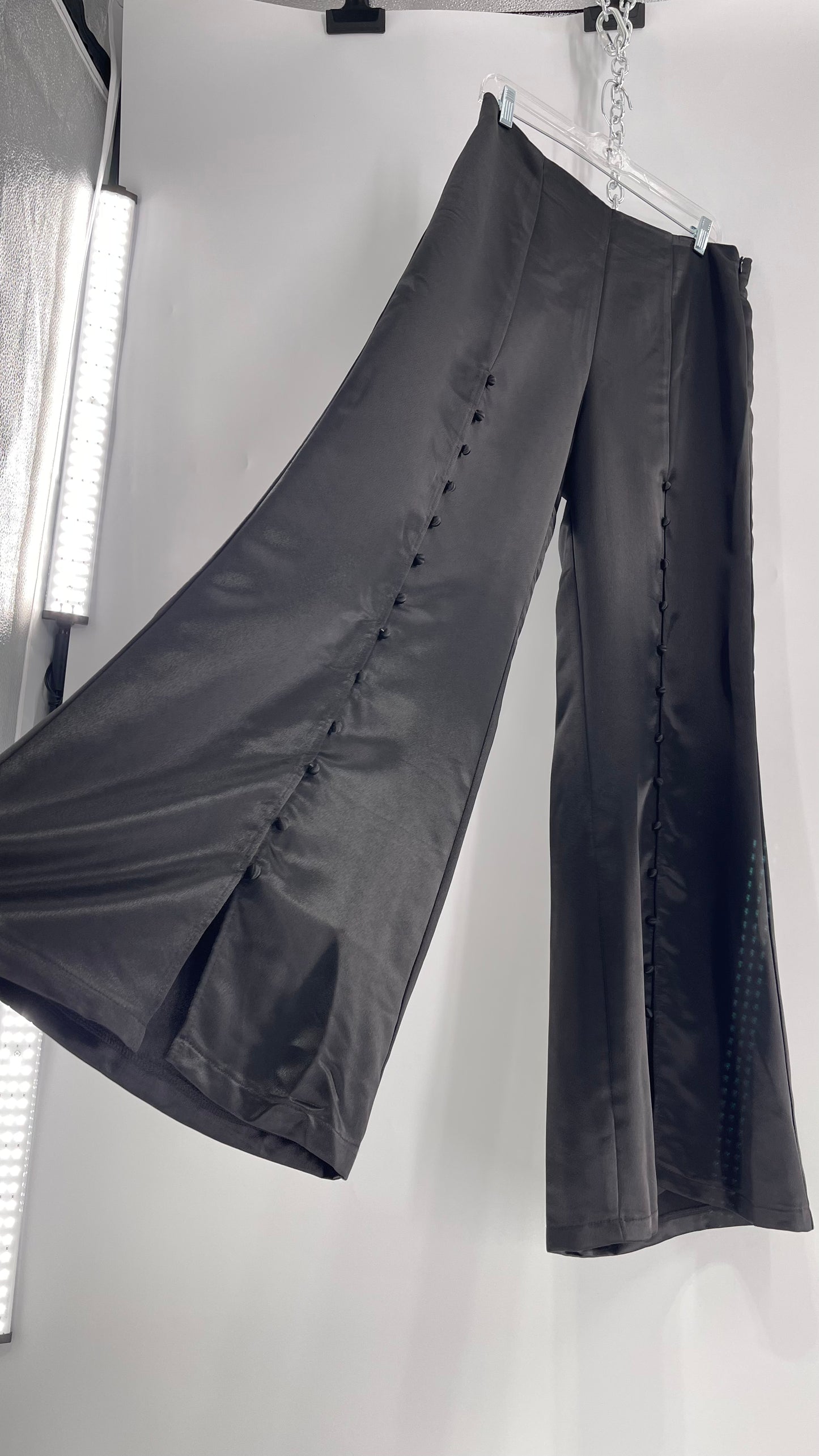 WHY Sultry Steps Black Satin Wide Leg Trouser with Vertical Strip of Satin Buttons (Medium)