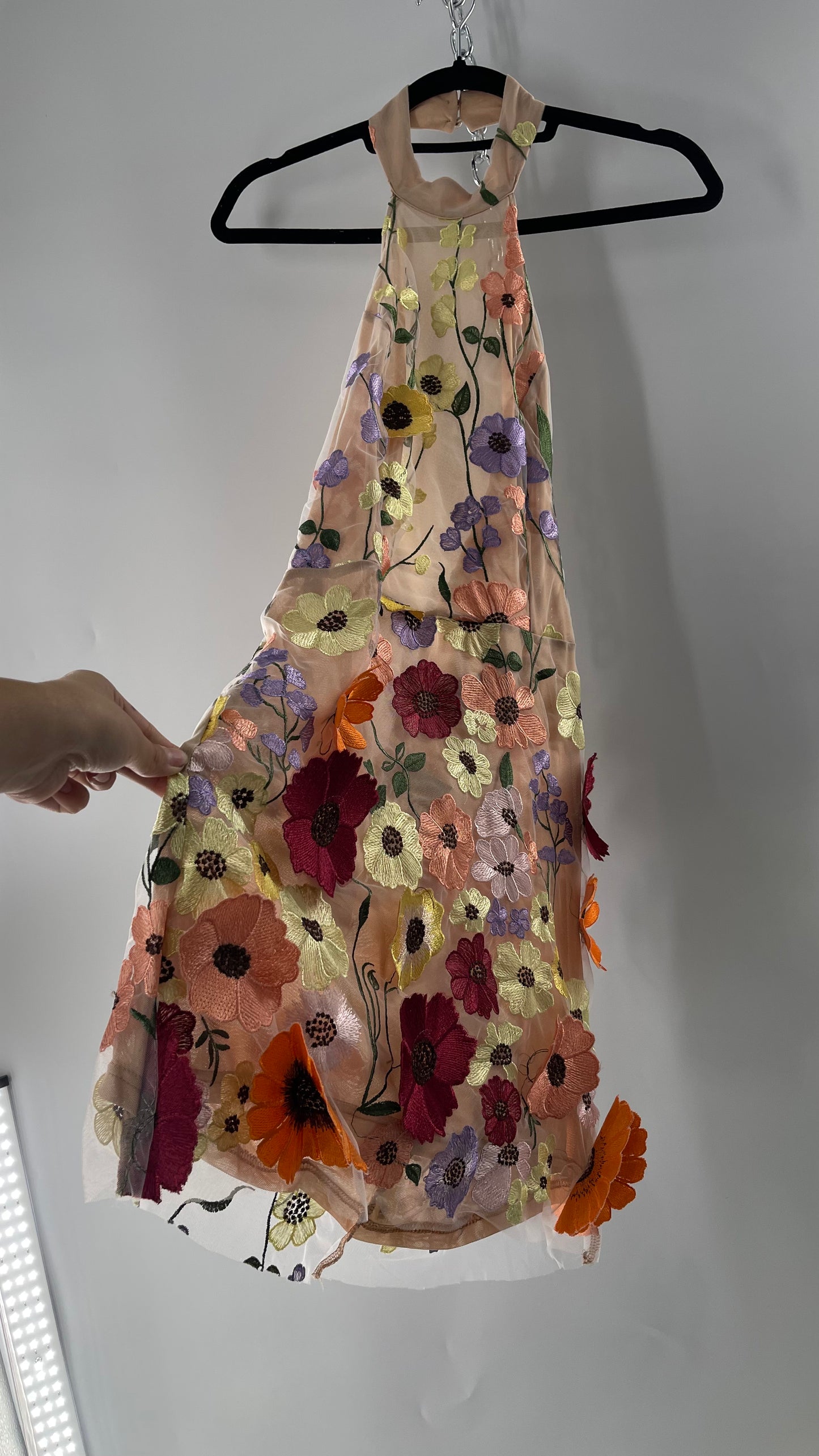 Mesh Backless Mini Dress with Halter Neckline covered in 3D Colorful Embroidered Flower Appliqués (Medium)