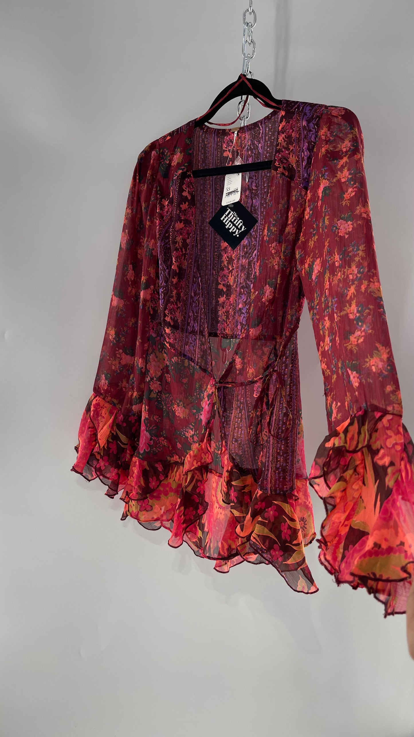 Free People Maroon/Burgundy Red Floral Tie Front Blouse with Ruffled Sleeves and Hem with Tags Attached (XS)