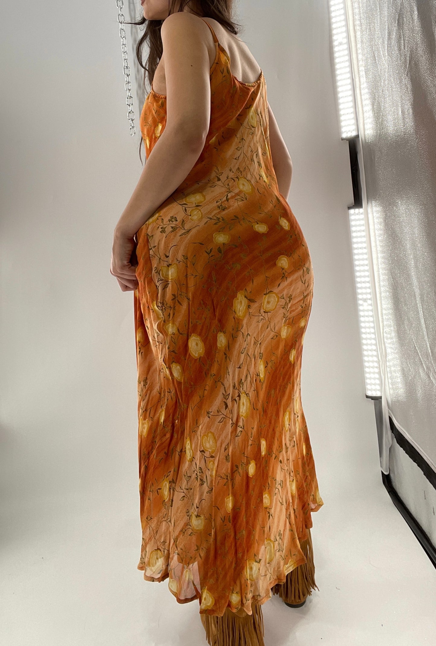 Deadstock Vintage 1990s Sacred Threads Midi Sunset Ombré Dress with Yellow Flowers (M/L)