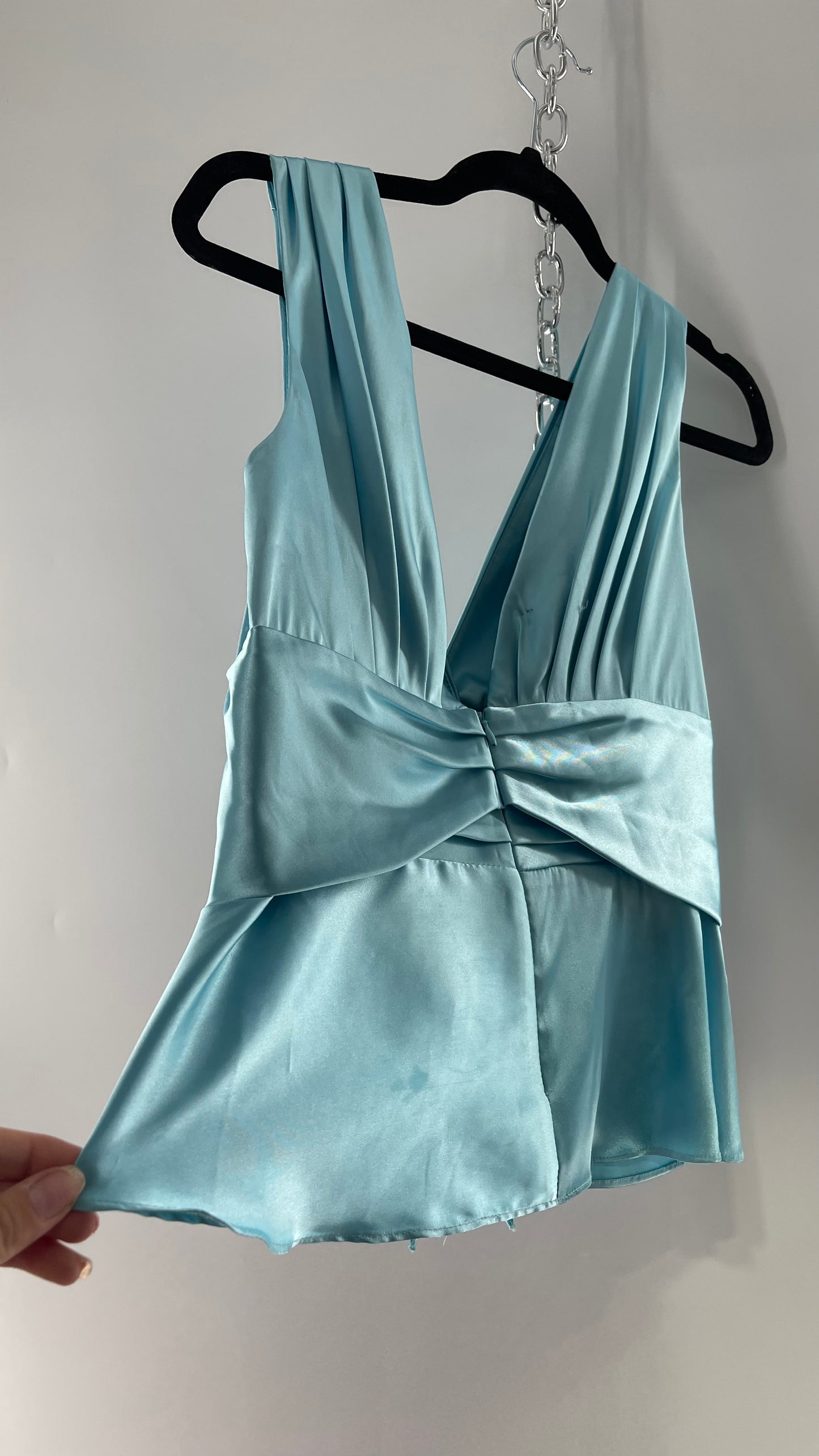 Vintage Jessica McClintock Baby Blue Satin Pleated Sleeve Tank with Draping and Rosette (8)