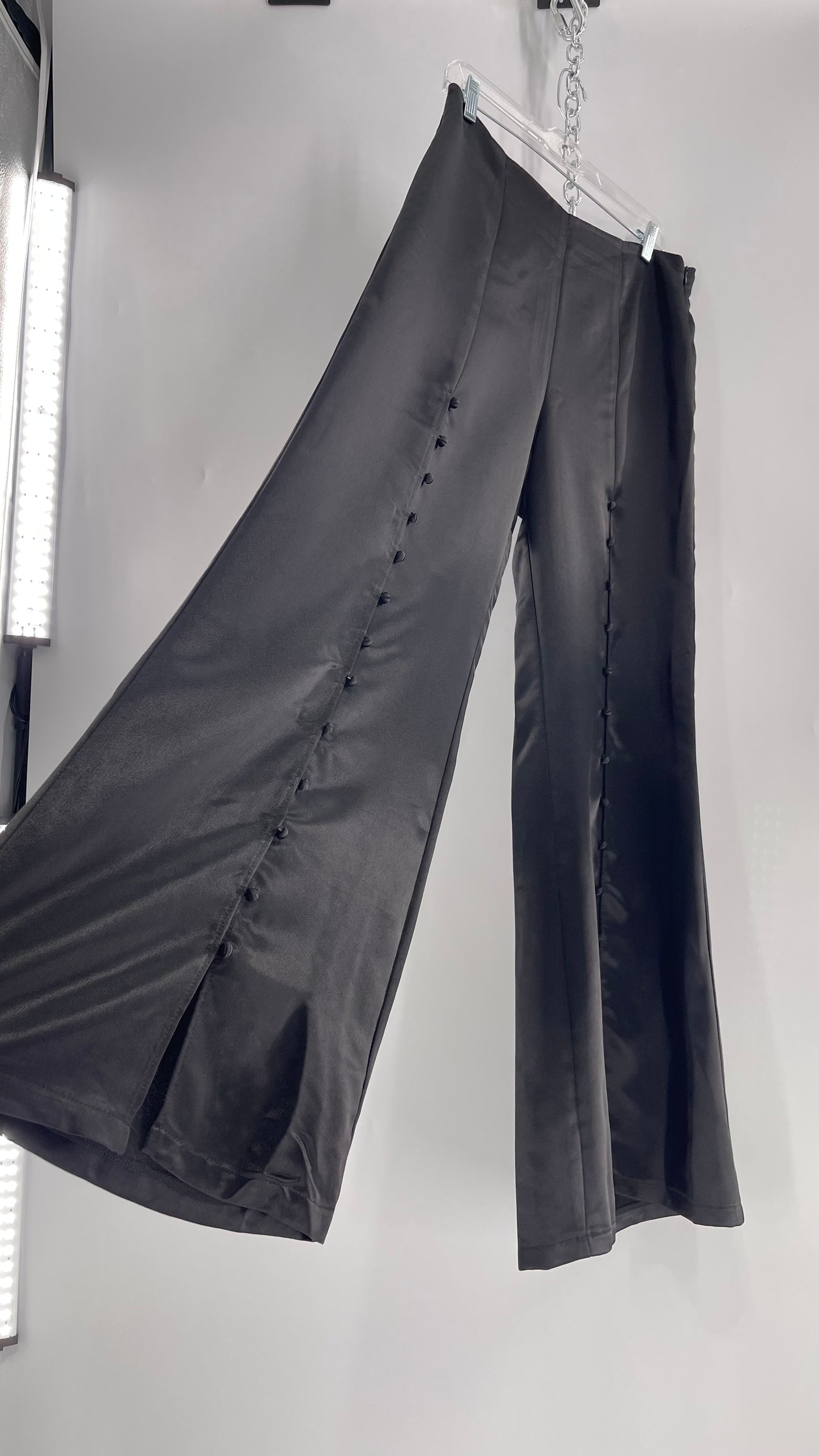 WHY Sultry Steps Black Satin Wide Leg Trouser with Vertical Strip of Satin Buttons (Medium)