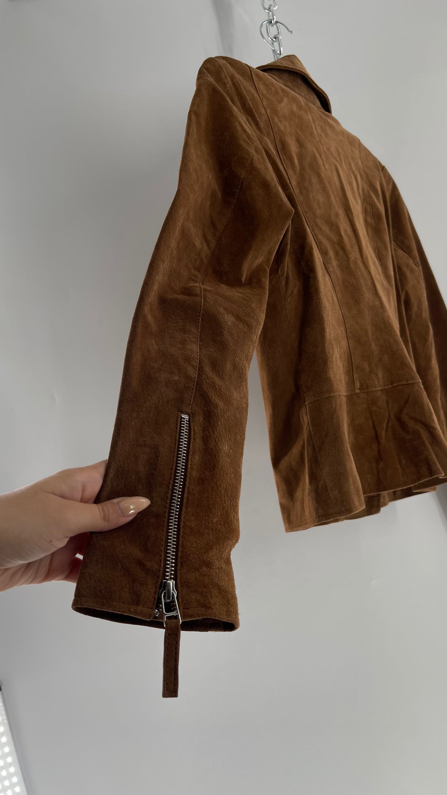 Vintage ESCALIER Brown Genuine Leather Suede Motorcycle Jacket with Heavy Duty Zippers (Medium)