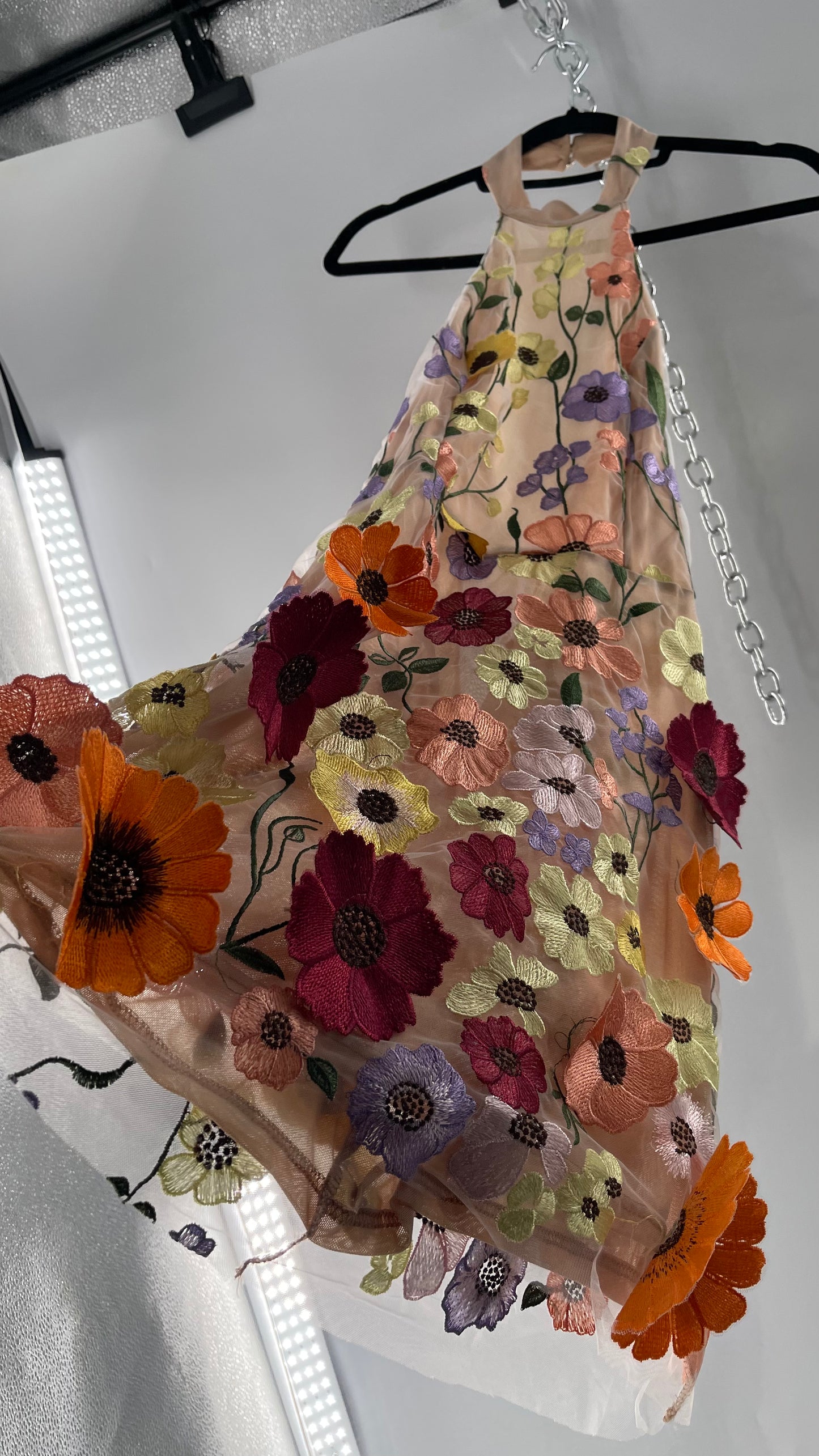 Mesh Backless Mini Dress with Halter Neckline covered in 3D Colorful Embroidered Flower Appliqués (Medium)