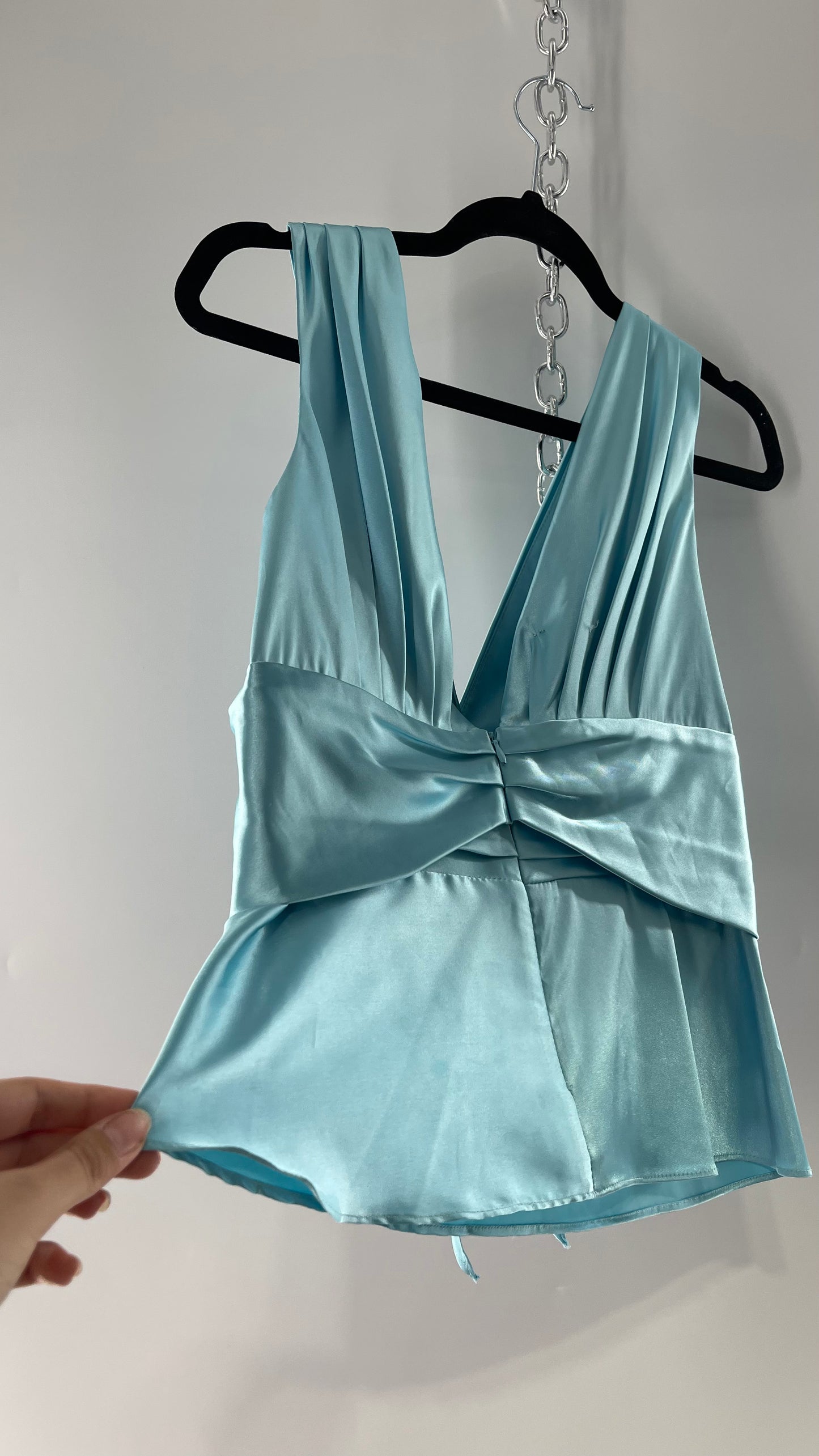Vintage Jessica McClintock Baby Blue Satin Pleated Sleeve Tank with Draping and Rosette (8)