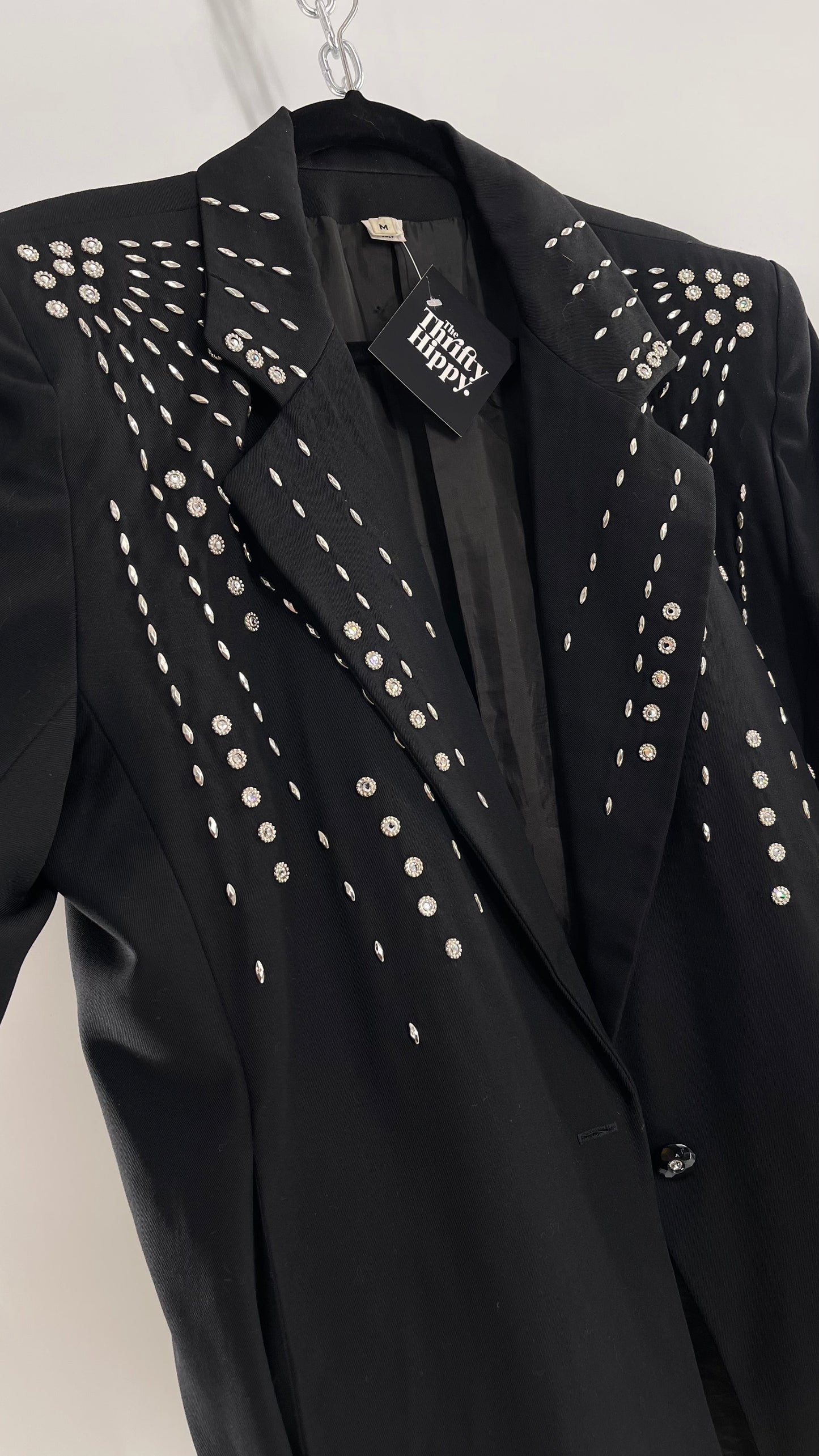 Vintage Black Blazer with Silver Metal Studs and Rhinestone Embellishments (C)(Medium)