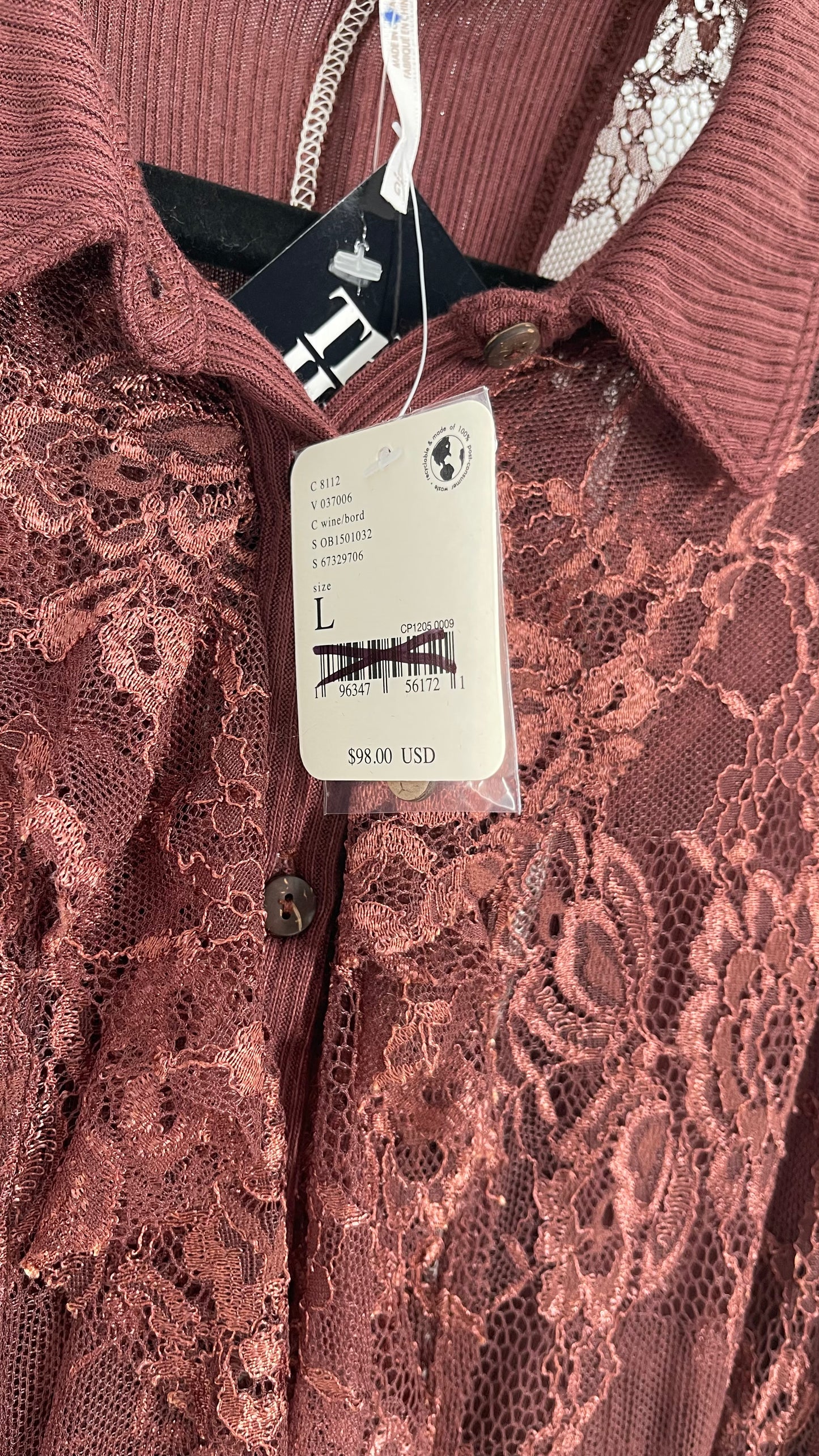 Free People Maroon Burgundy Lace Button Front Blouse with Ruffled Bodice with Tags Attached (Large)