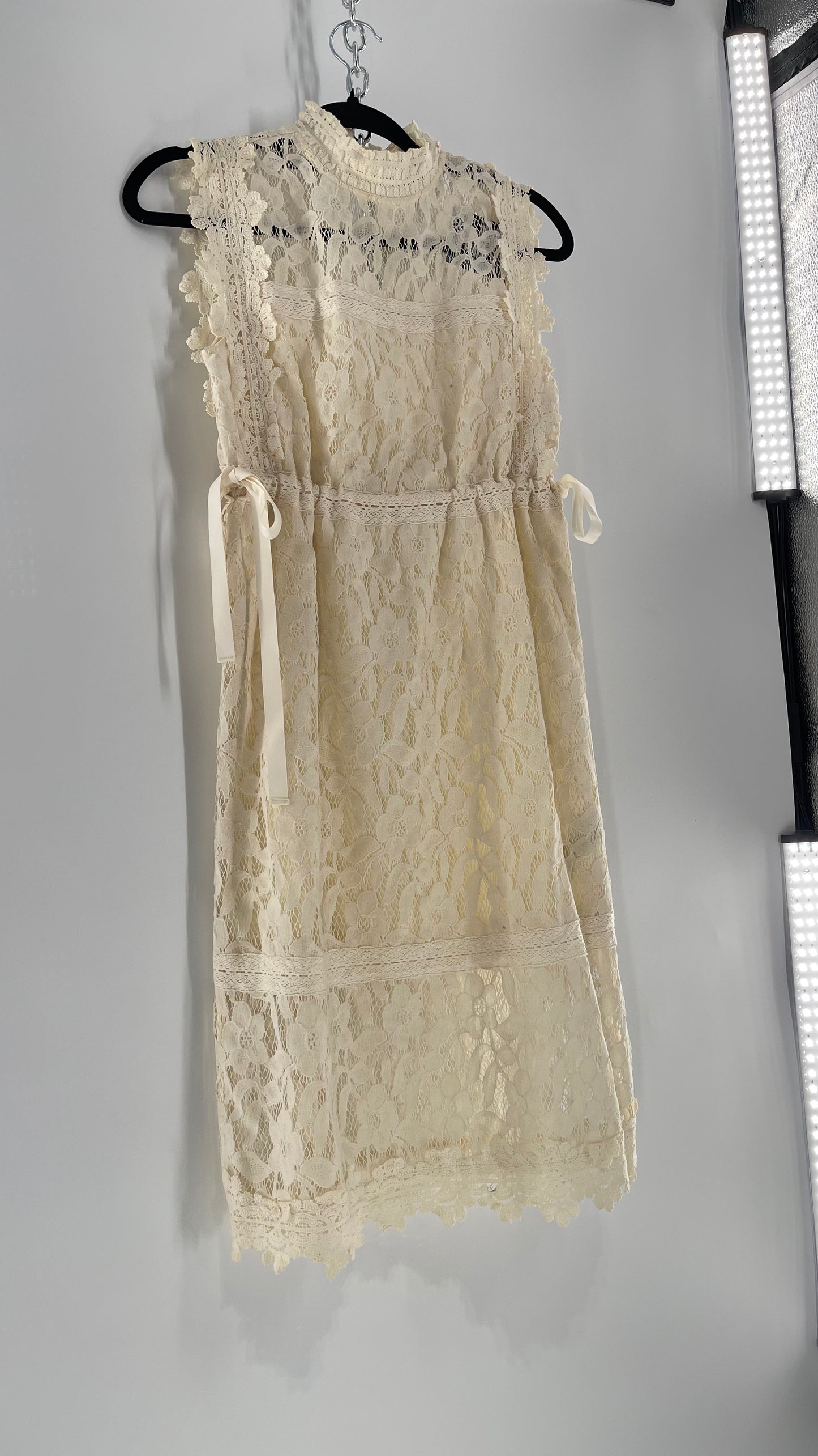 Eri + Ali Anthropologie Velvet Lace MIDI Dress with High Neckline and Side Bow Ties(XS)